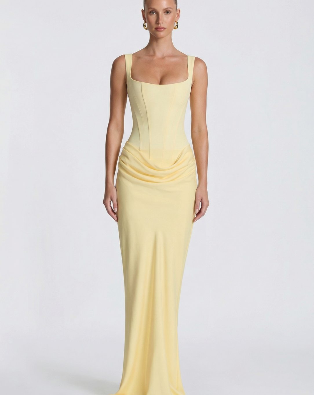 Women's Formal Corset-Bodice Draped Satin Maxi Dress - Light Yellow