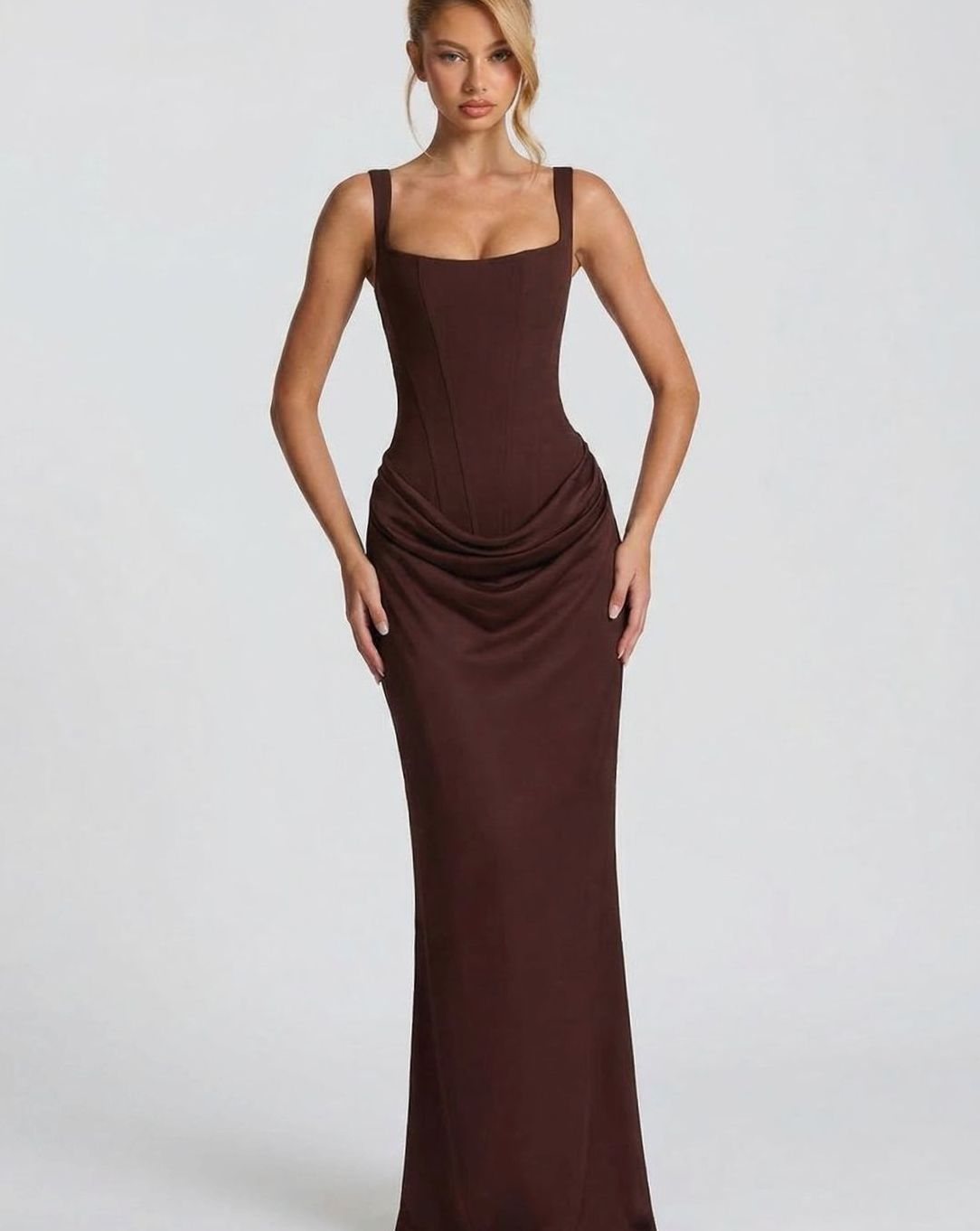 Women's Formal Corset-Bodice Draped Satin Maxi Dress