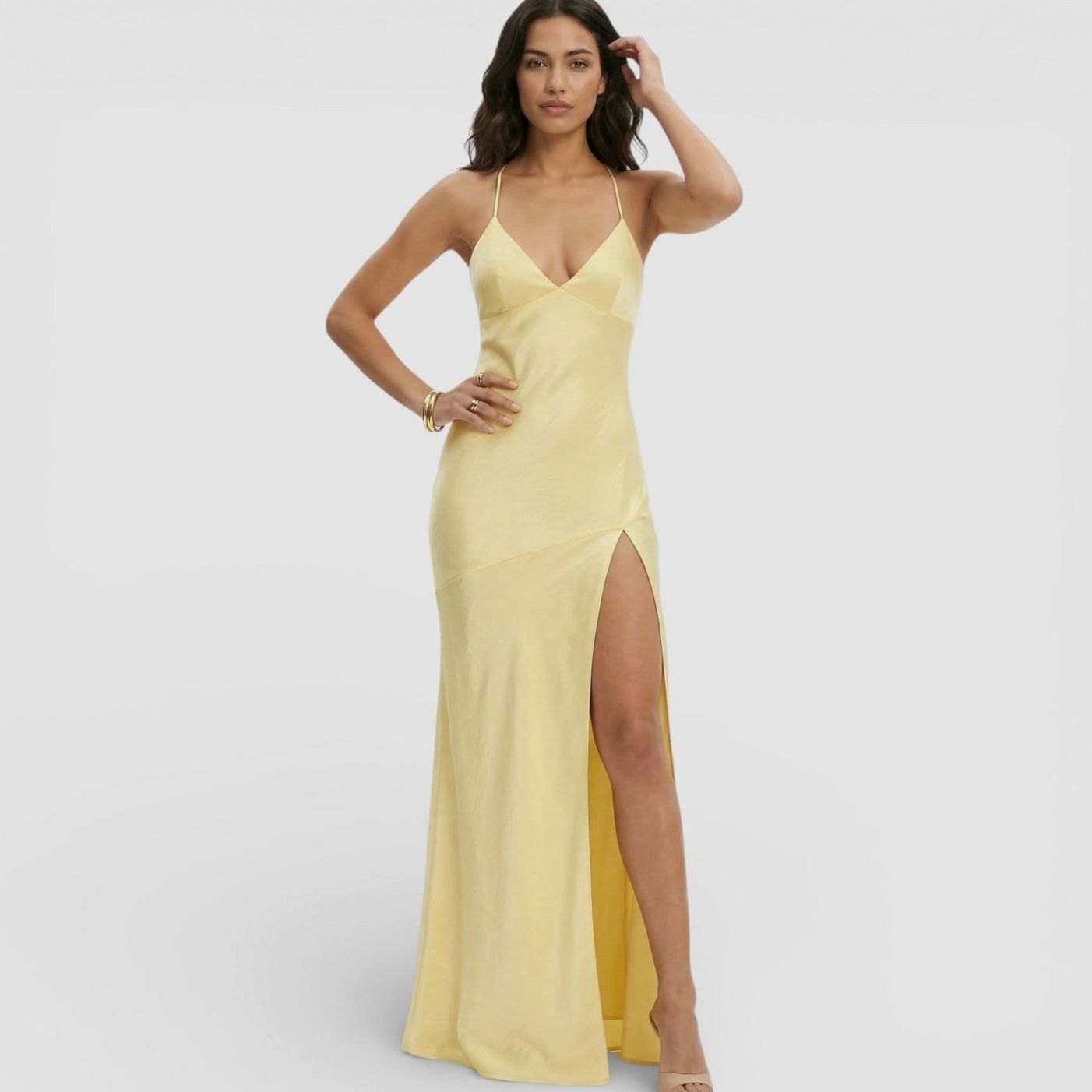 Women's Formal Satin V-Neck Thin Strap High-Slit Maxi Dress - Yellow
