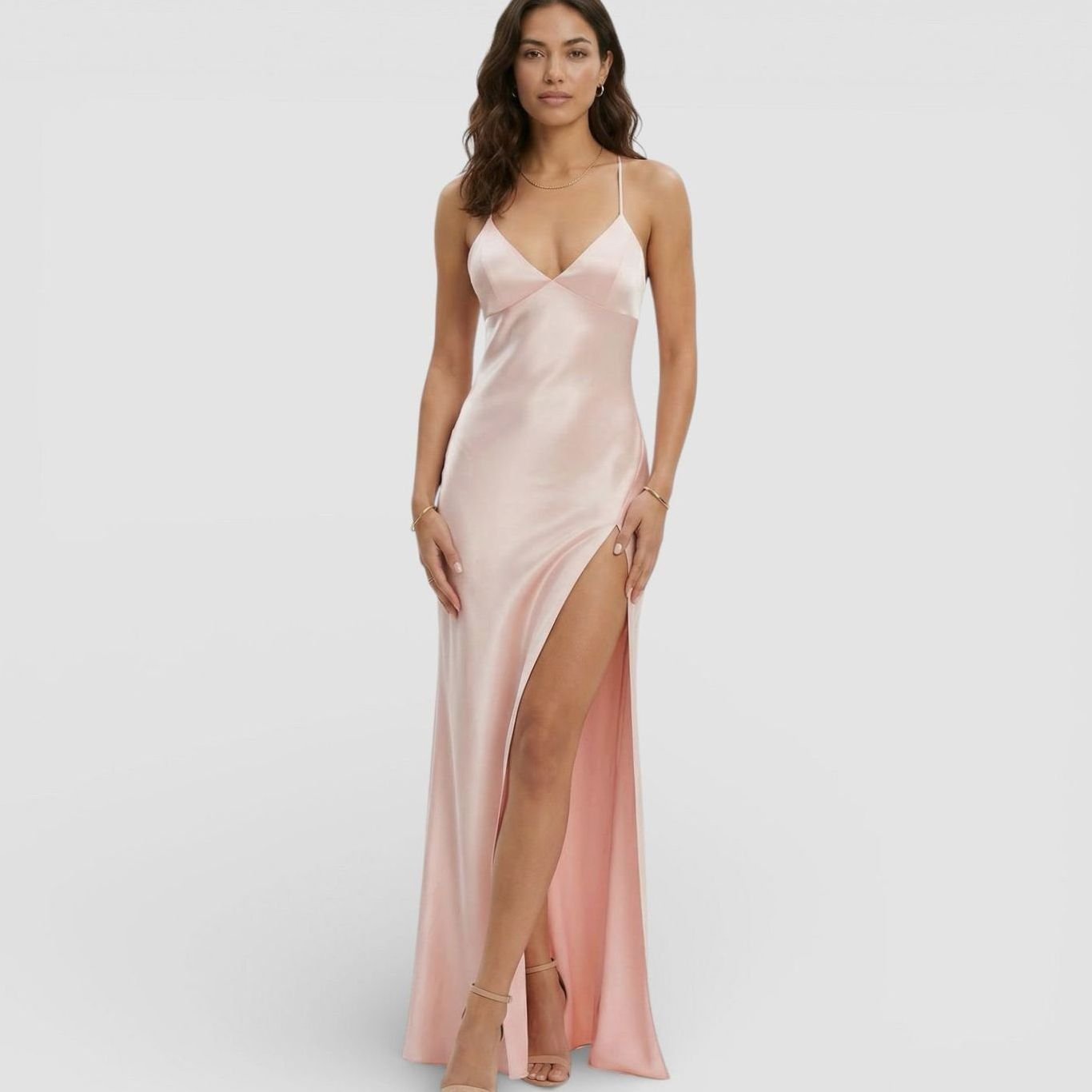 Women's Formal Satin V-Neck Thin Strap High-Slit Maxi Dress - Pink