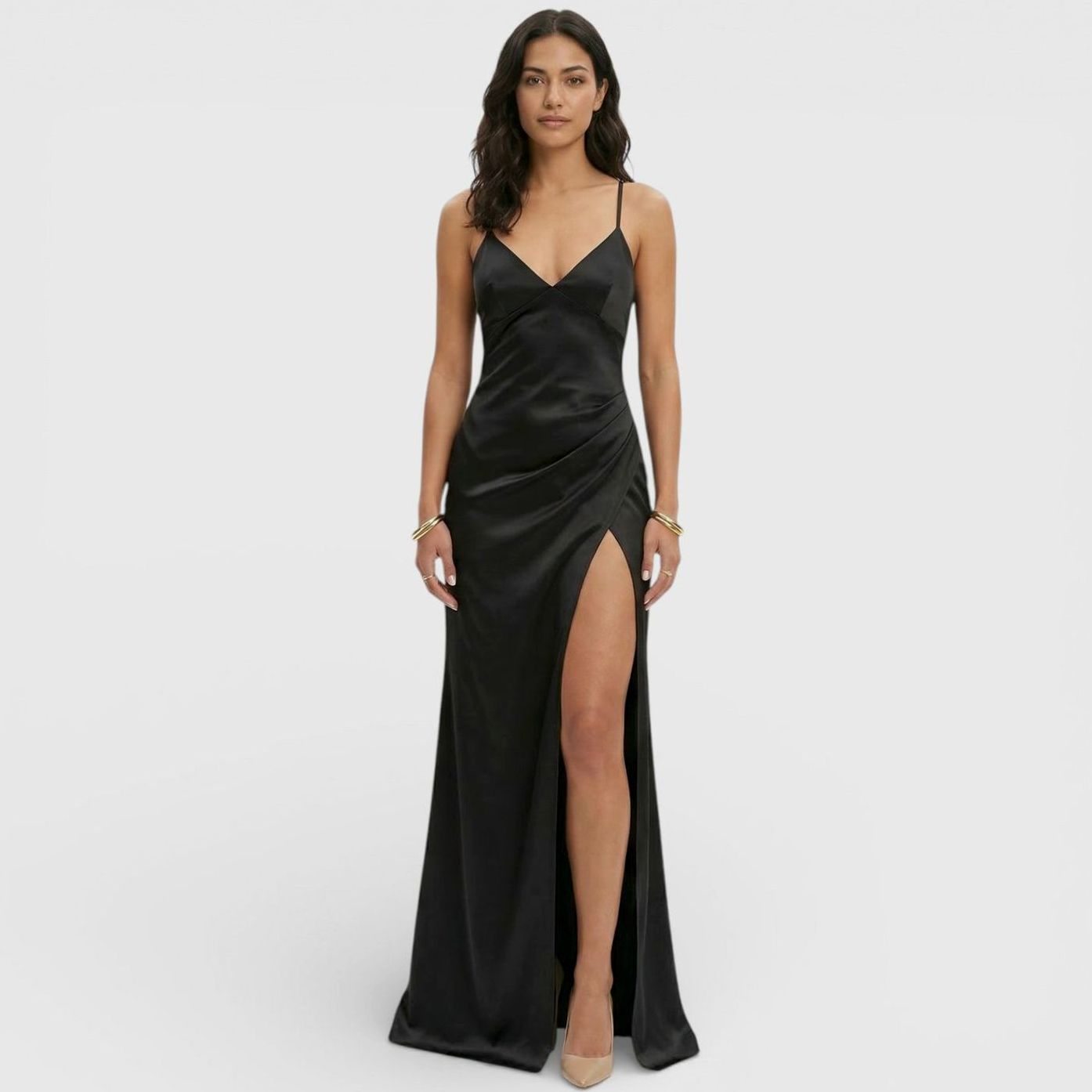 Women's Formal Satin V-Neck Thin Strap High-Slit Maxi Dress - Black