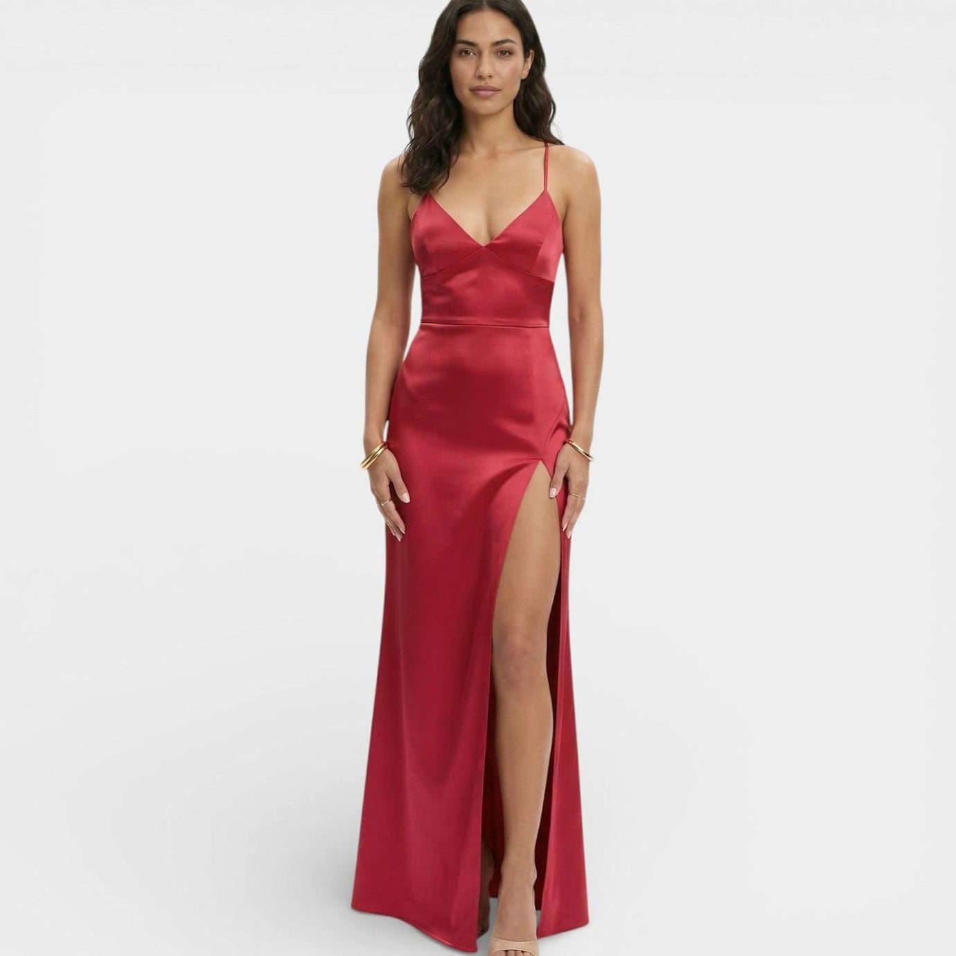 Women's Formal Satin V-Neck Thin Strap High-Slit Maxi Dress - Red