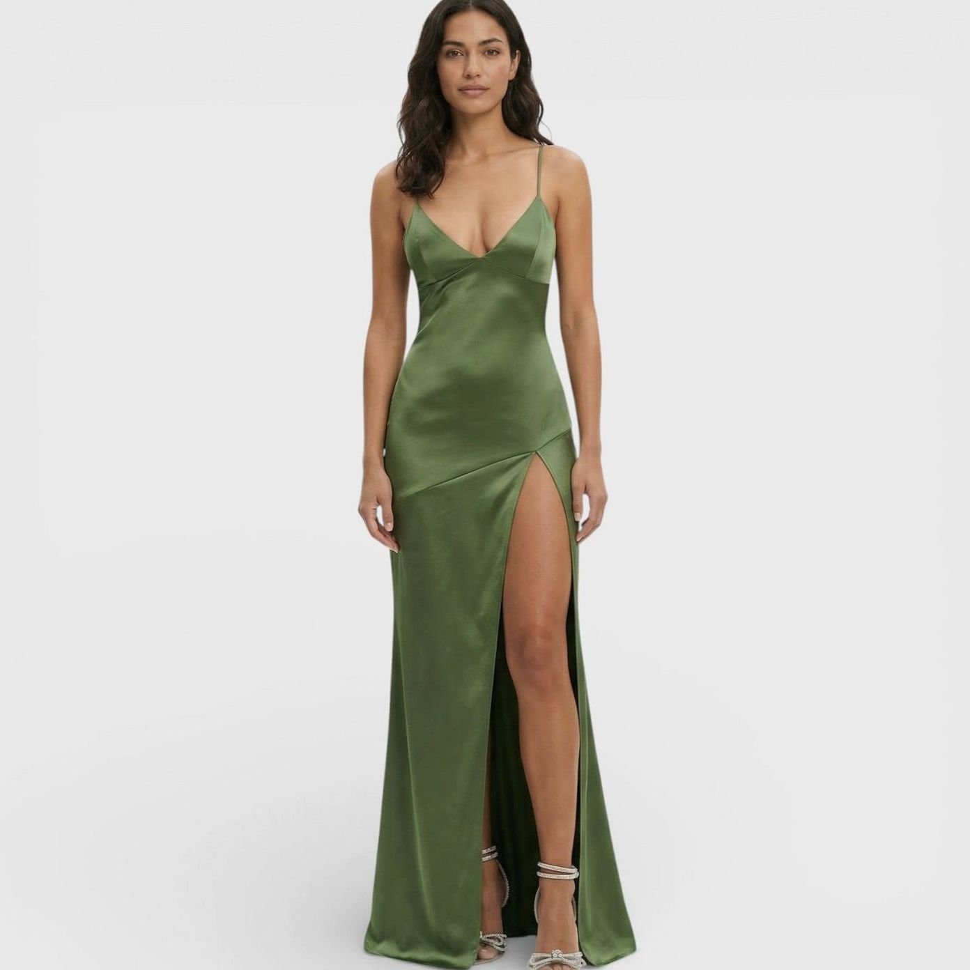Women's Formal Satin V-Neck Thin Strap High-Slit Maxi Dress - Green