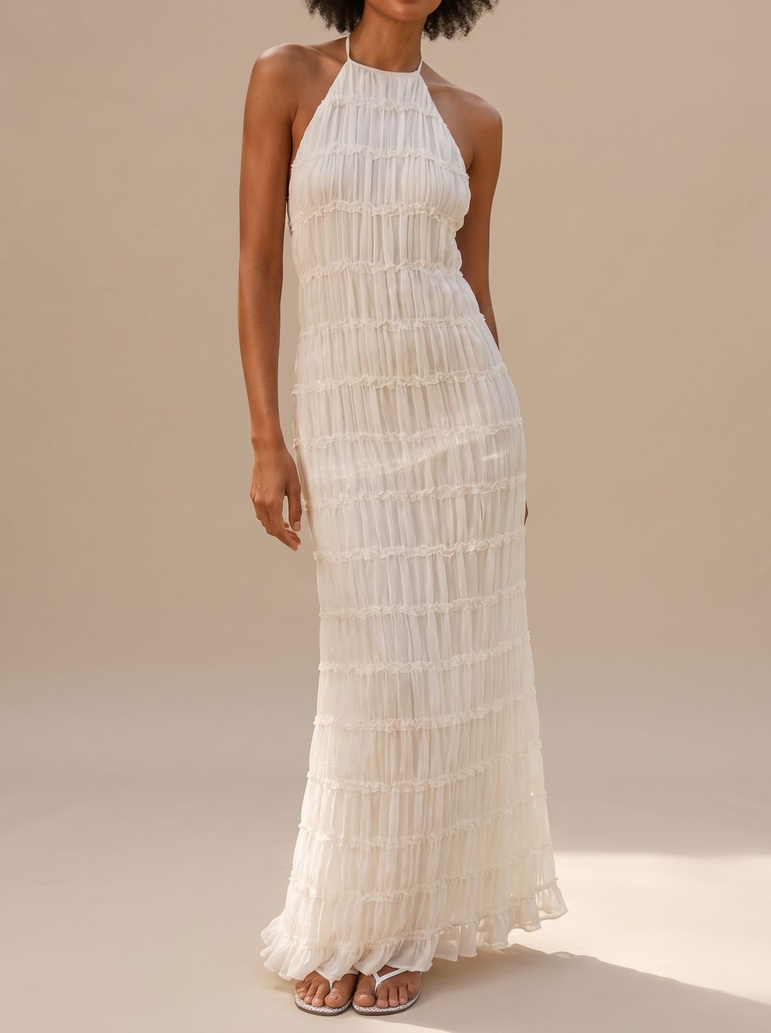 Women's Gathered Halter-Neck Open-Back Chiffon Maxi Dress - Ivory