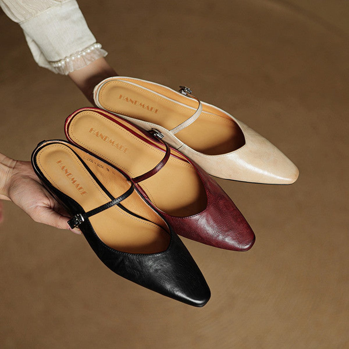 Women's Genuine Leather Pointed-Toe Comfort Sandals Buckle Mule Flats