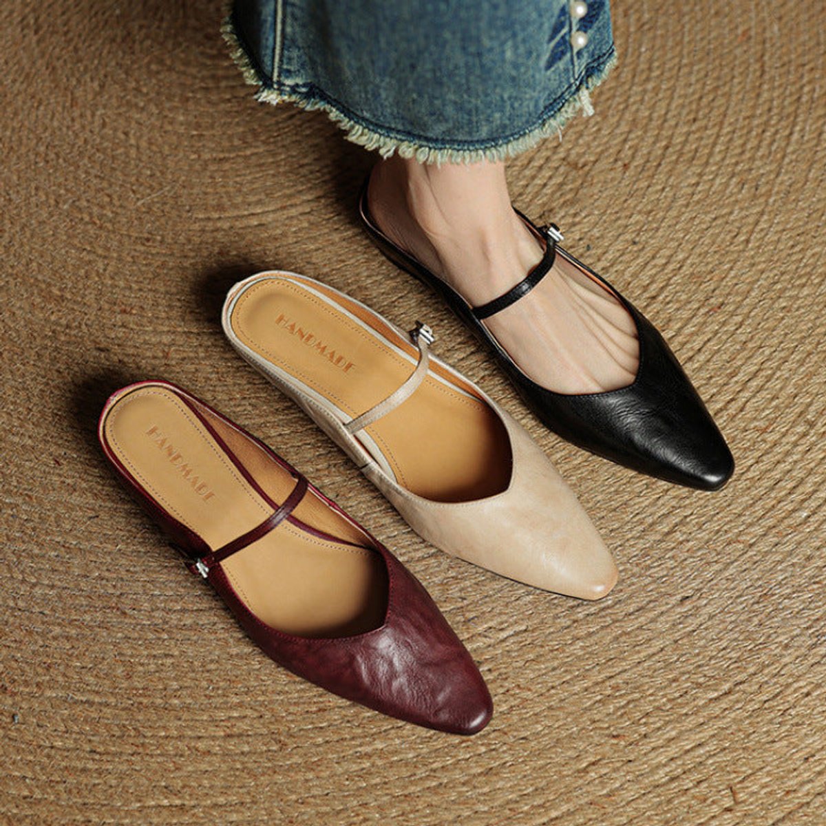 Women's Genuine Leather Pointed-Toe Comfort Sandals Buckle Mule Flats