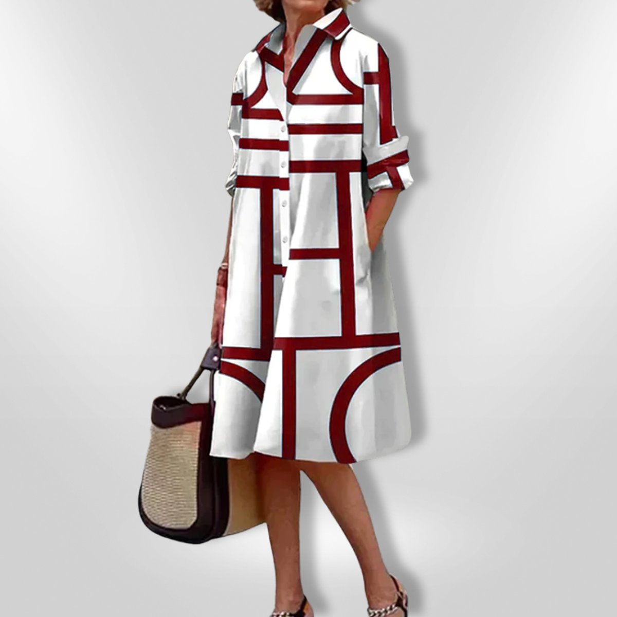 Women's Geometric Print A-Line Shirt Midi Dress 3/4 Sleeve