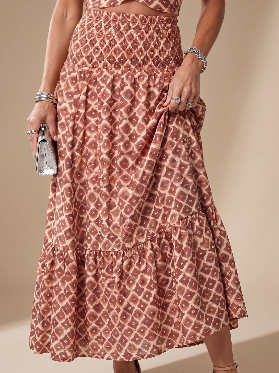 Women's Geometric Print Cross Halter Cutout Midi Dress, Rust Brown
