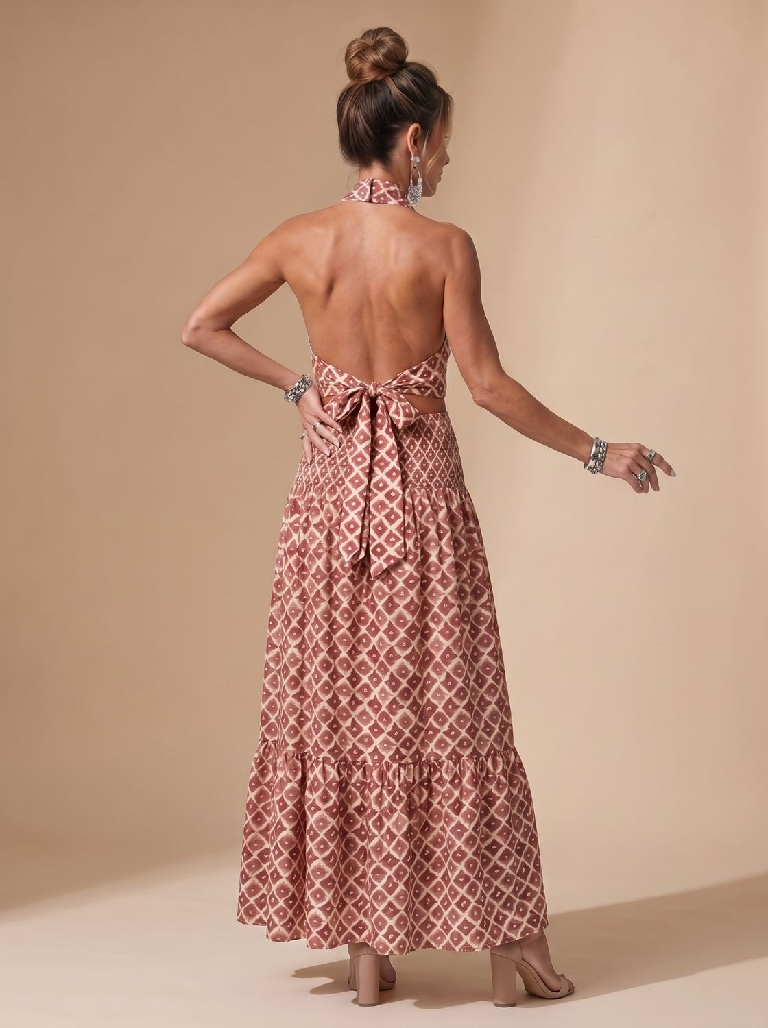 Women's Geometric Print Cross Halter Cutout Midi Dress, Rust Brown
