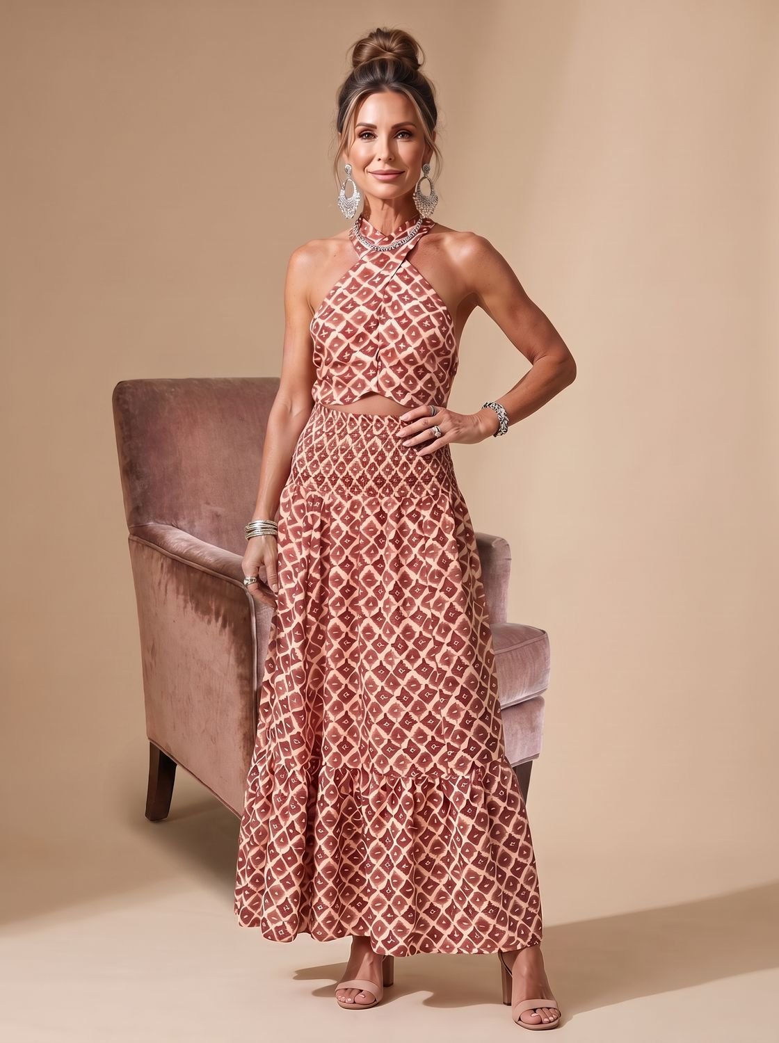 Women's Geometric Print Cross Halter Cutout Midi Dress, Rust Brown