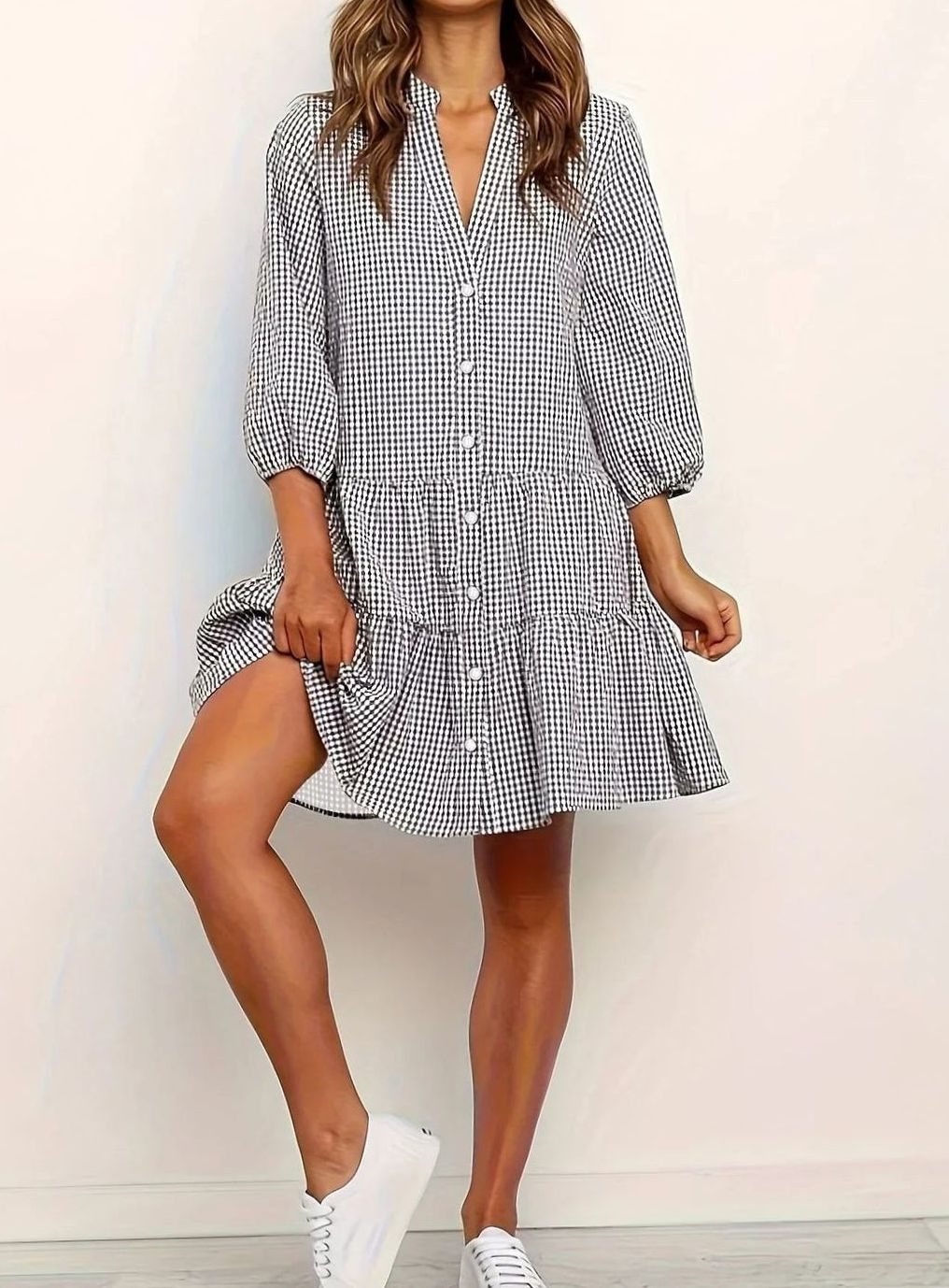 Women's Gingham Mini Dress Three-Quarter Sleeve Button-Front Ruffle Hem - Black