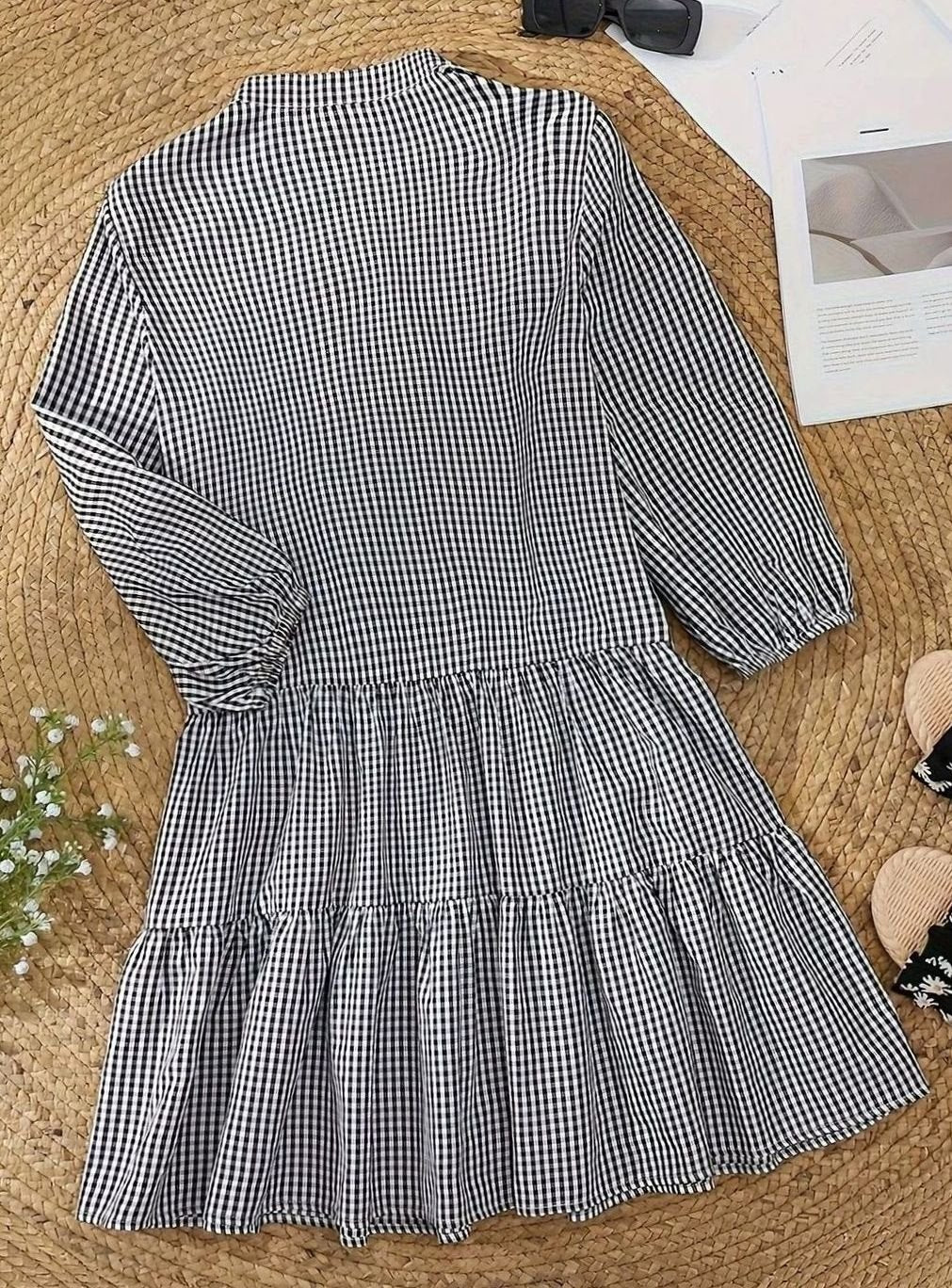 Women's Gingham Mini Dress Three-Quarter Sleeve Button-Front Ruffle Hem
