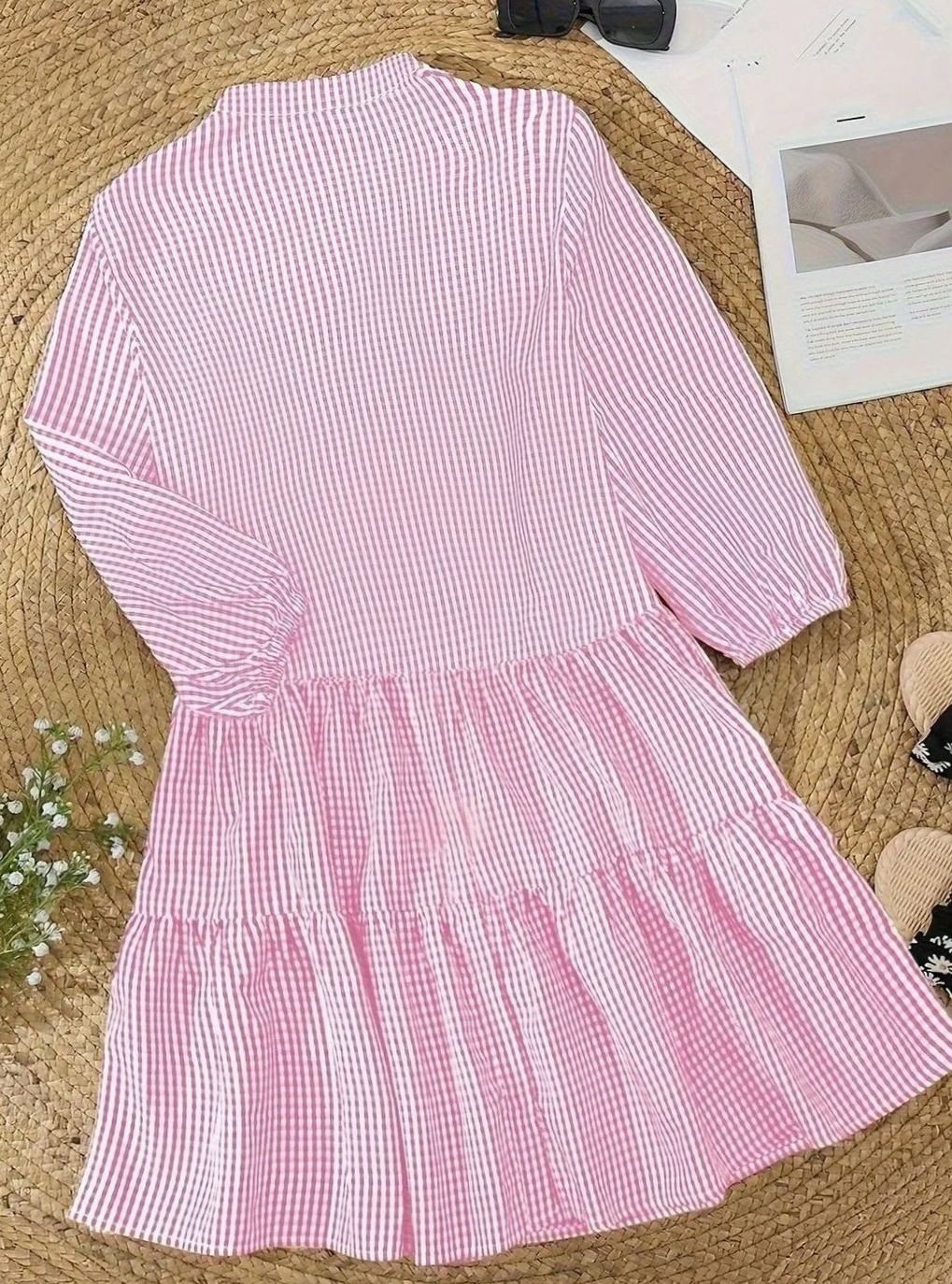 Women's Gingham Mini Dress Three-Quarter Sleeve Button-Front Ruffle Hem