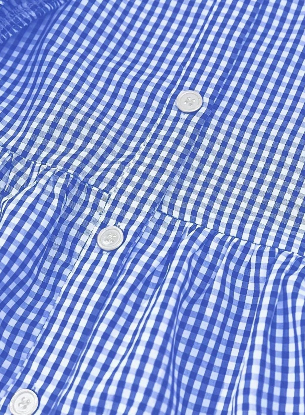 Women's Gingham Mini Dress Three-Quarter Sleeve Button-Front Ruffle Hem