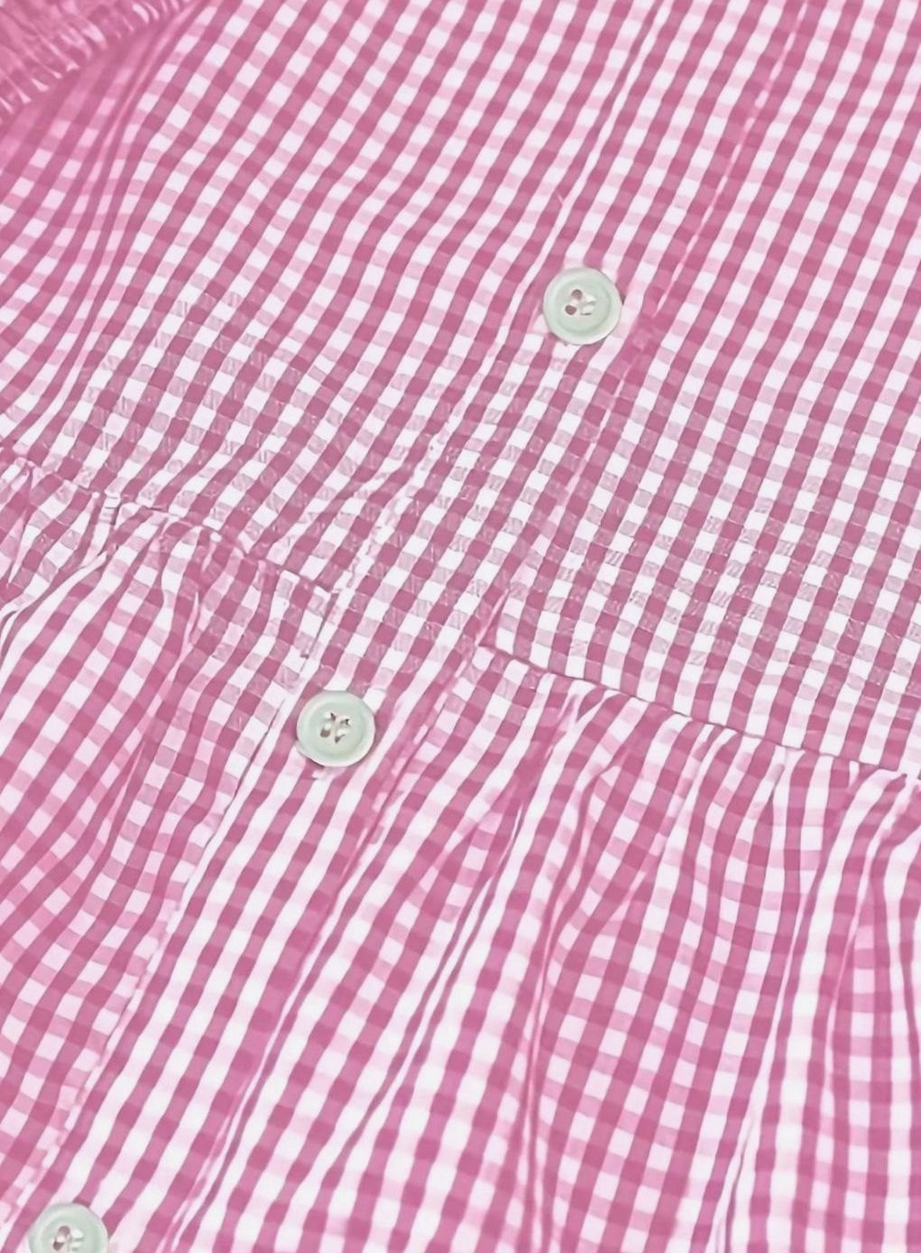 Women's Gingham Mini Dress Three-Quarter Sleeve Button-Front Ruffle Hem