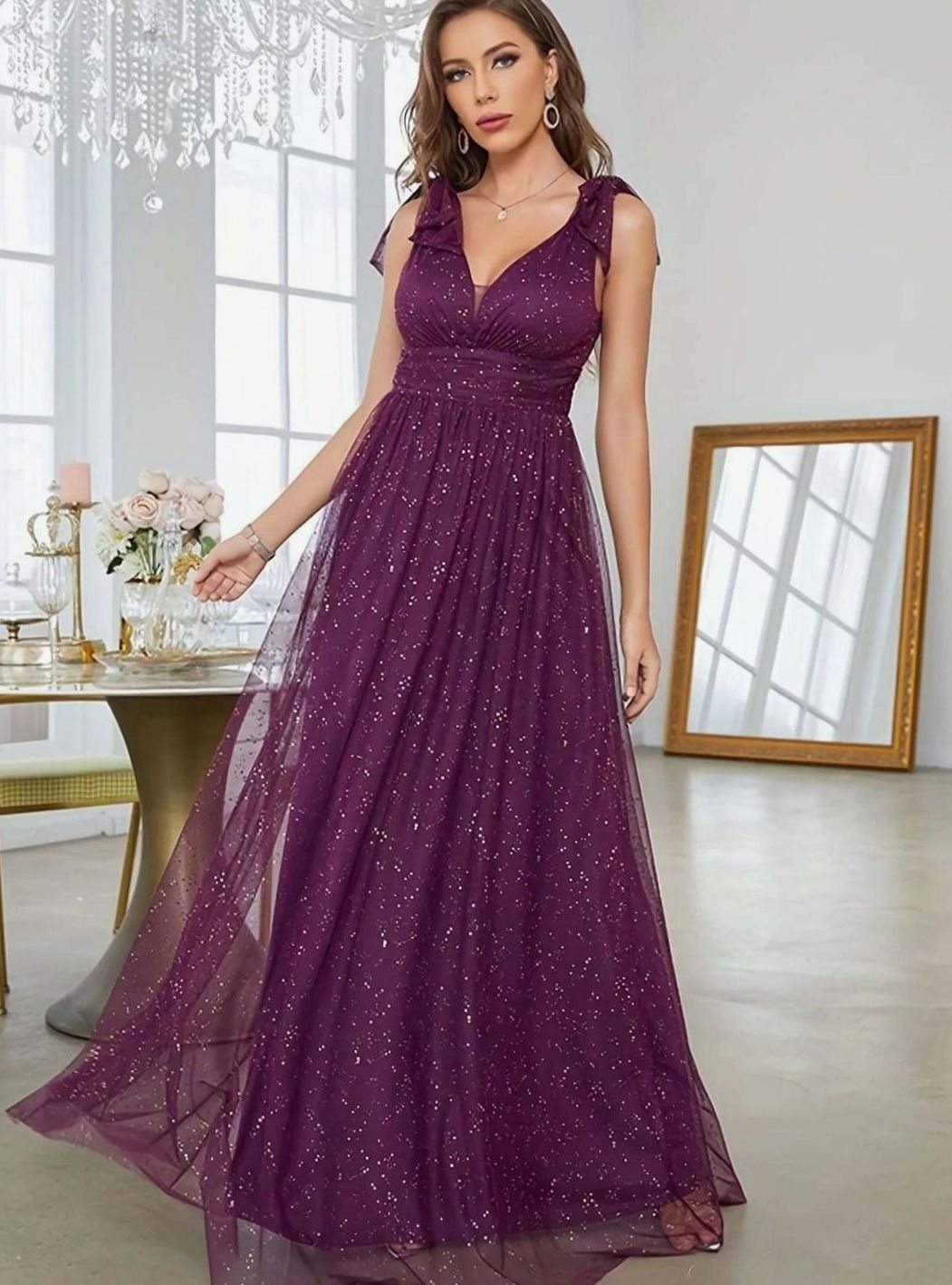 Women's Glitter Sequin V-Neck Sleeveless Floor-Length Formal Gown II - Purple