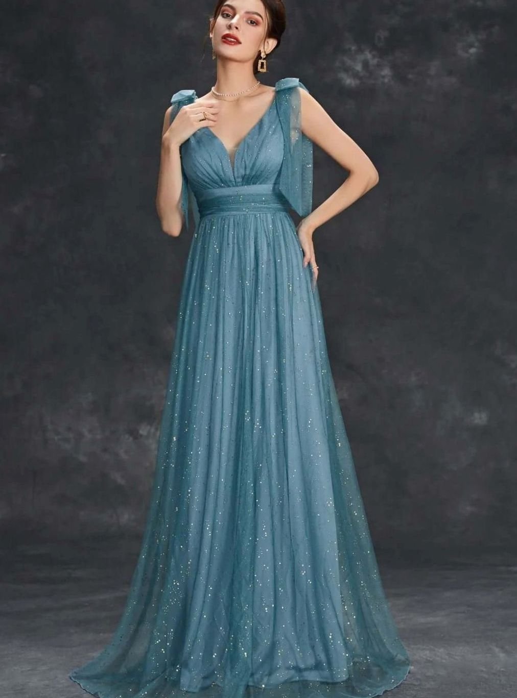 Women's Glitter Sequin V-Neck Sleeveless Floor-Length Formal Gown II - Light Blue
