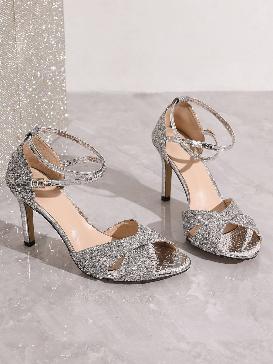 Women's Glitter Stiletto Ankle Strap Comfort Sandals Open Toe