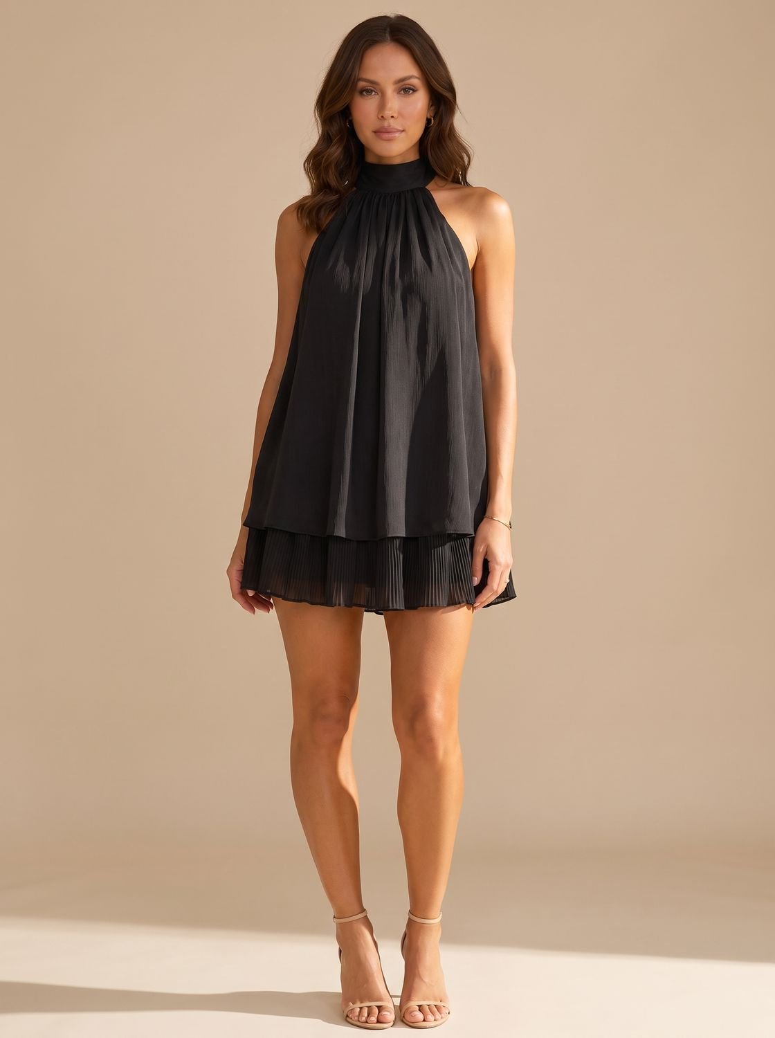 Women's Halter Neck Layered Pleated Mini Dress - Black