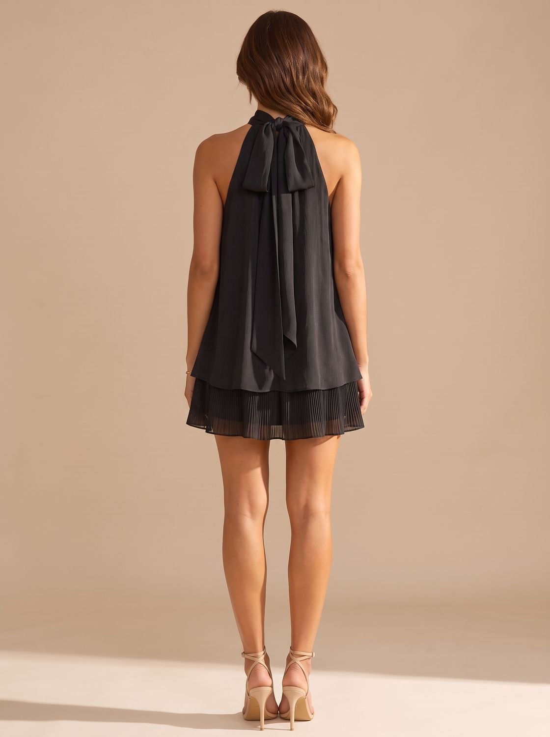 Women's Halter Neck Layered Pleated Mini Dress
