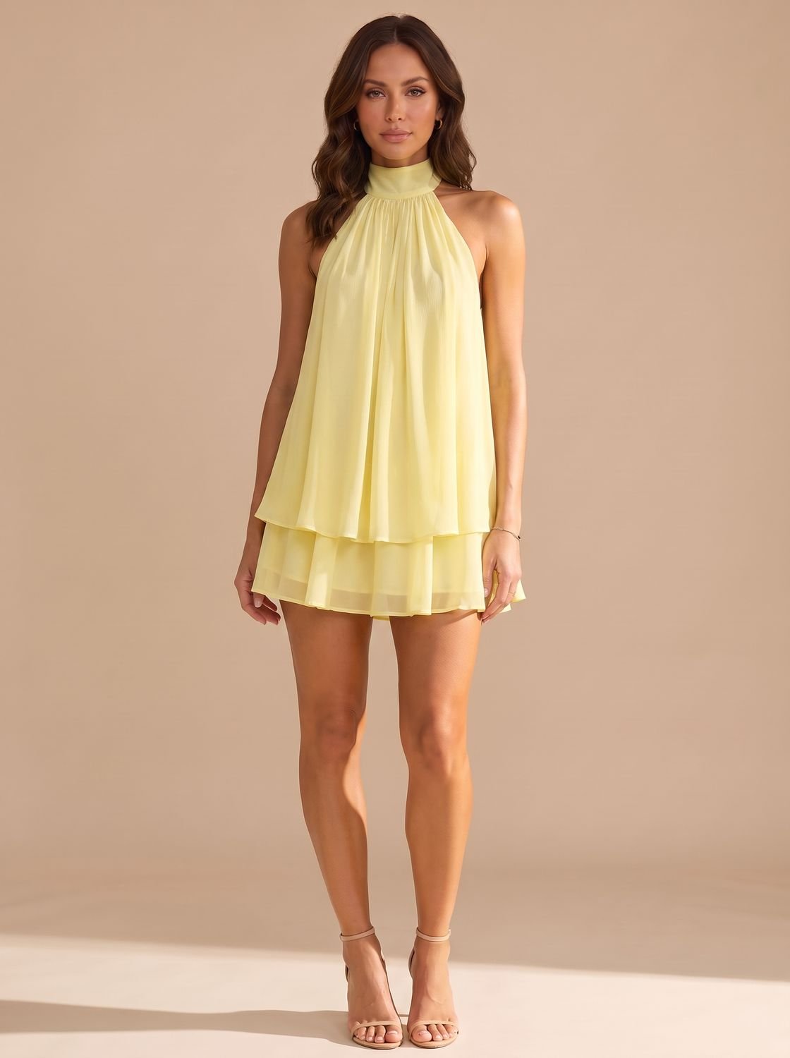 Women's Halter Neck Layered Pleated Mini Dress - Yellow