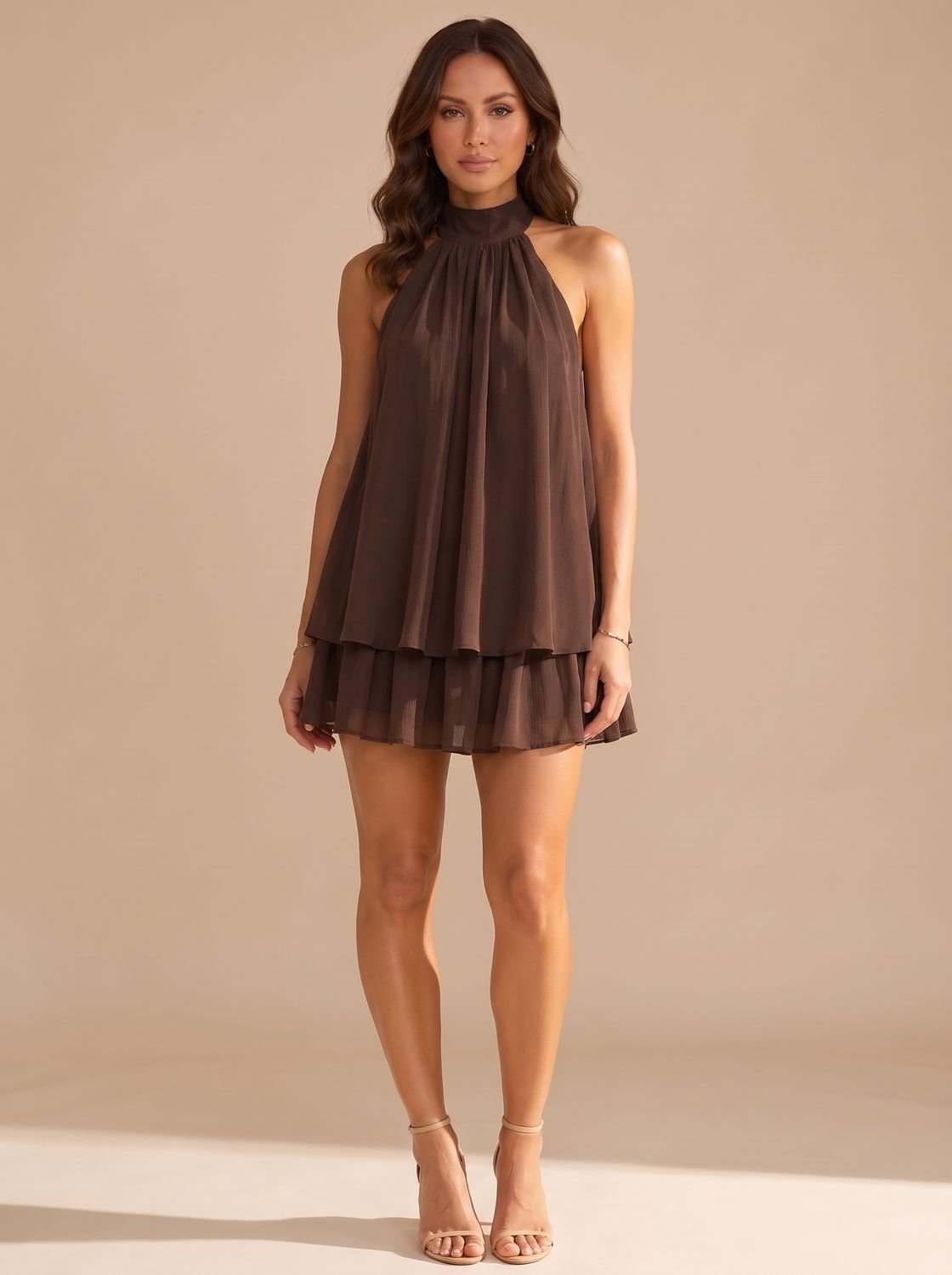 Women's Halter Neck Layered Pleated Mini Dress - Brown