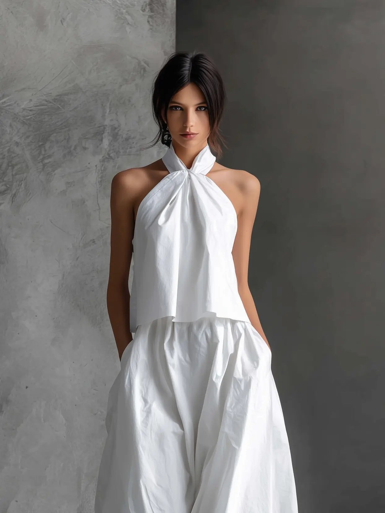 Women's Halter-Neck Linen Two-Piece Maxi Skirt Set