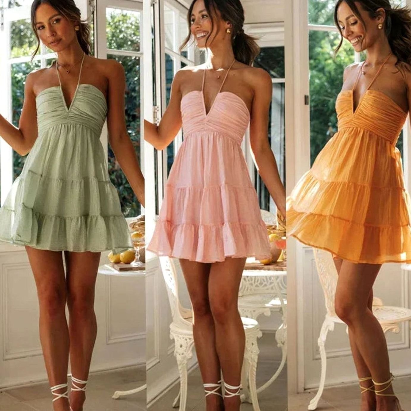 Women's Halter-Neck Open-Back Ruffled Mini Wedding Guest Dress