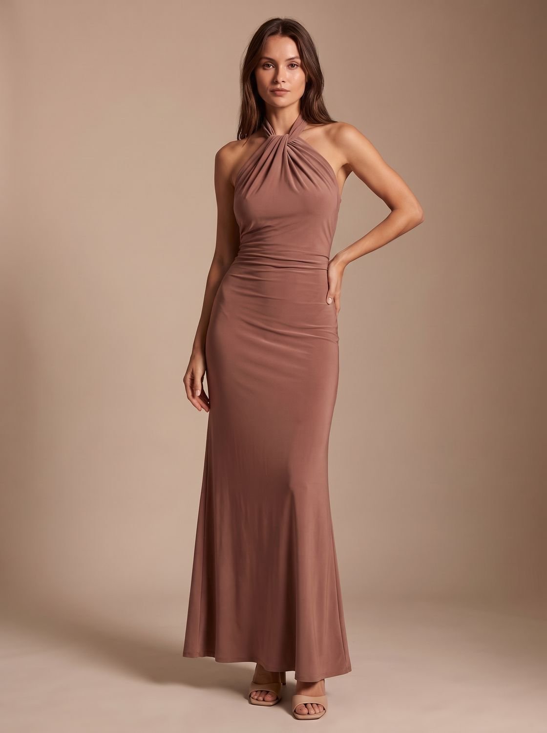 Women's Halter Neck Ruched Formal Maxi Dress - Brown