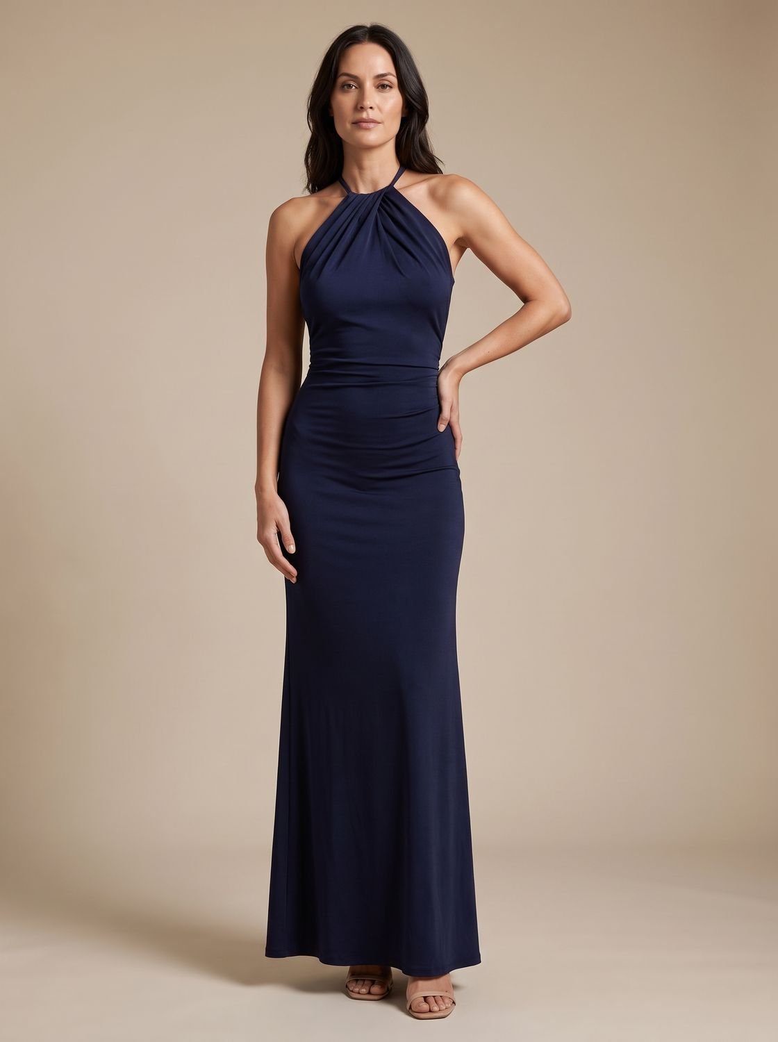 Women's Halter Neck Ruched Formal Maxi Dress - Navy Blue