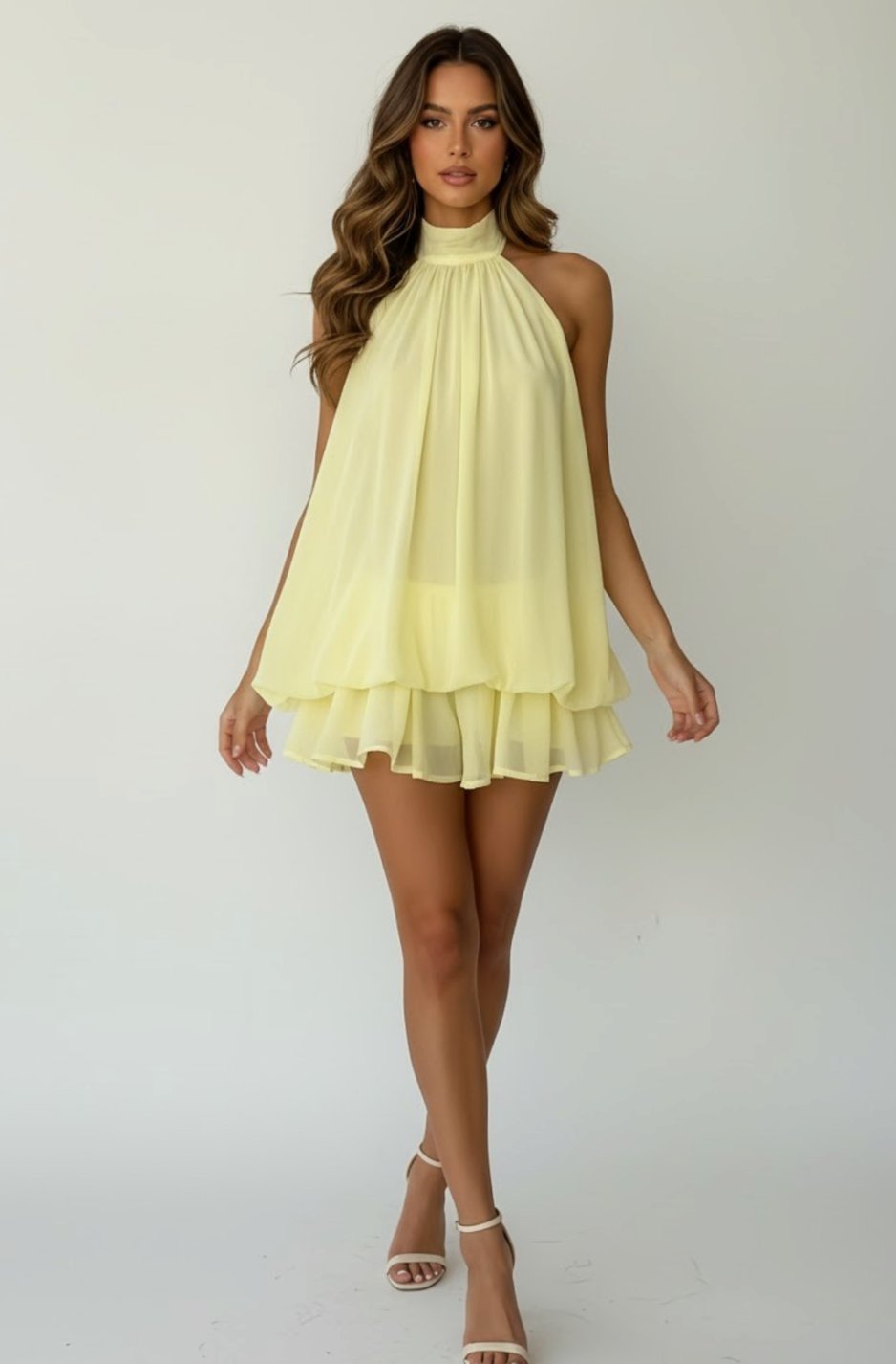 Women's Halter-Neck Tiered Ruffle Chiffon Mini Dress - Yellow