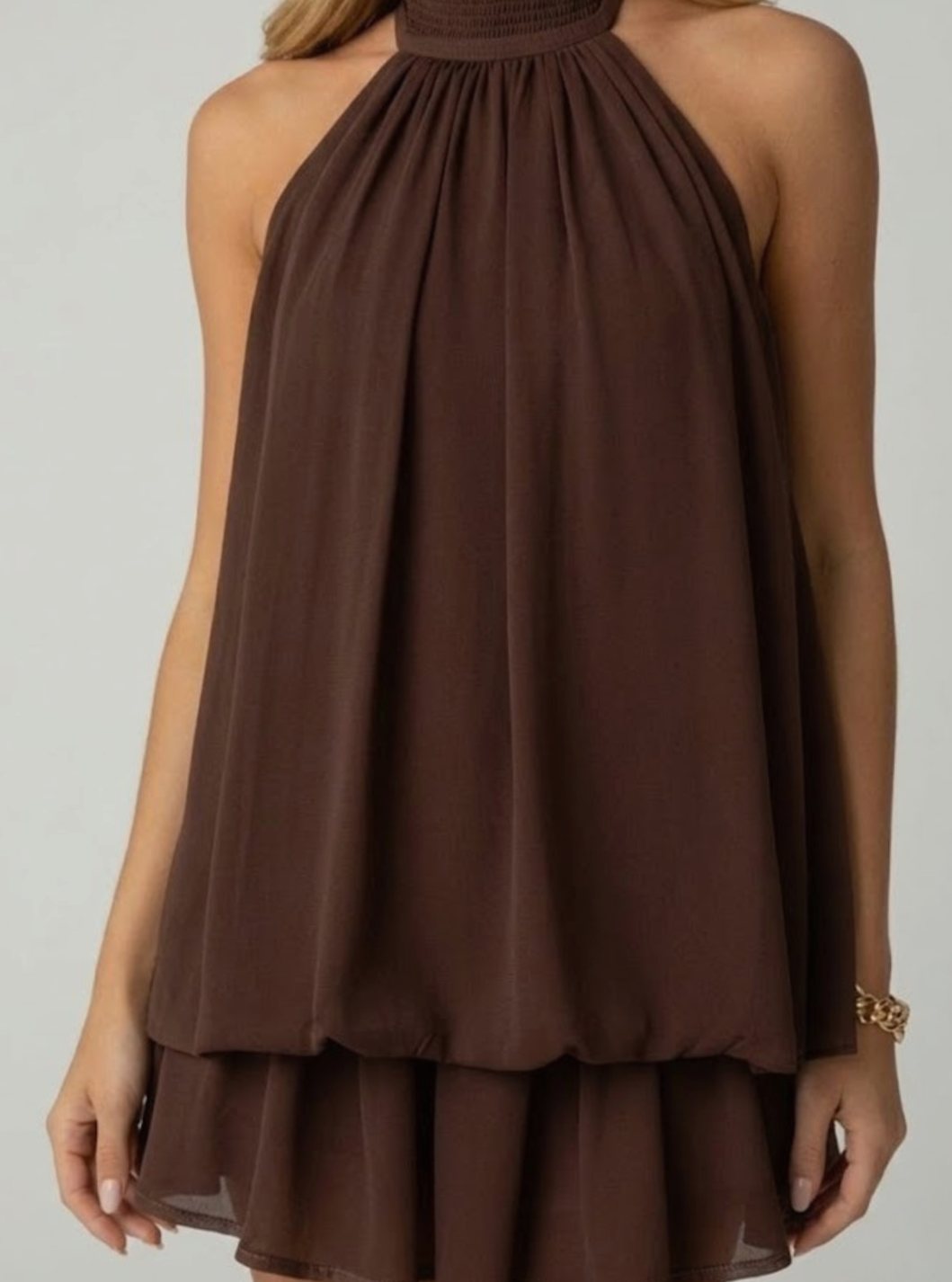 Women's Halter-Neck Tiered Ruffle Chiffon Mini Dress - Brown