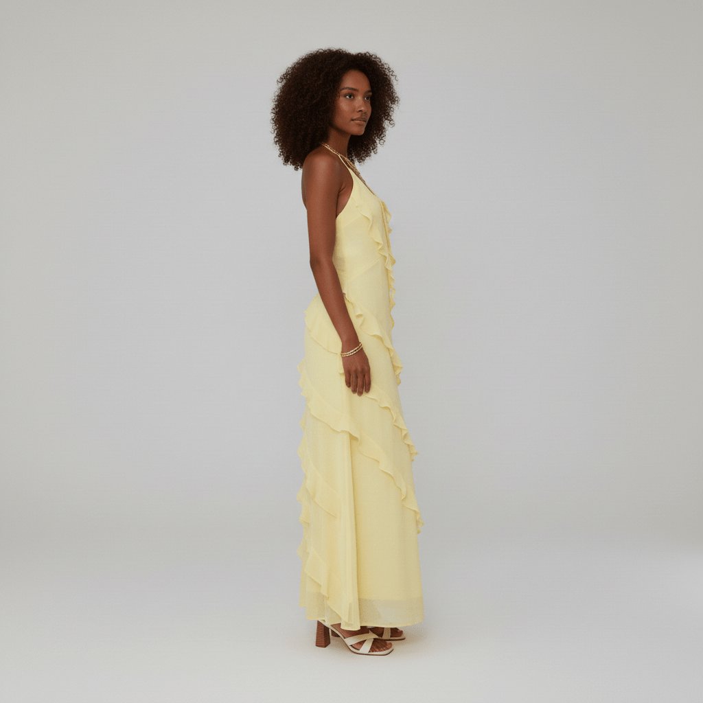 Women's Halter Neck V-Neck Ruffle Maxi Dress