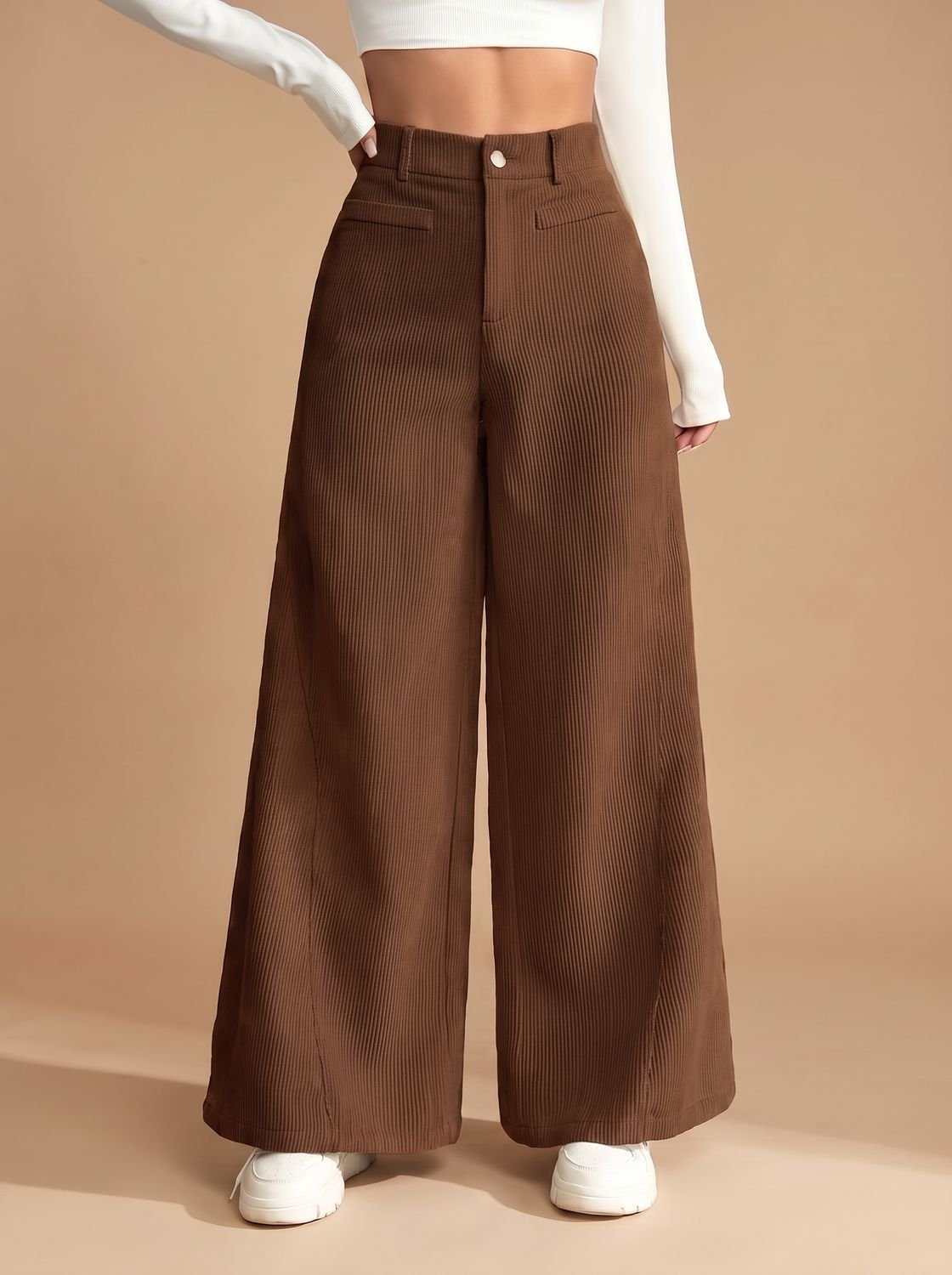 Women's High-Waist Corduroy Wide-Leg Tailored Pants - Light Brown