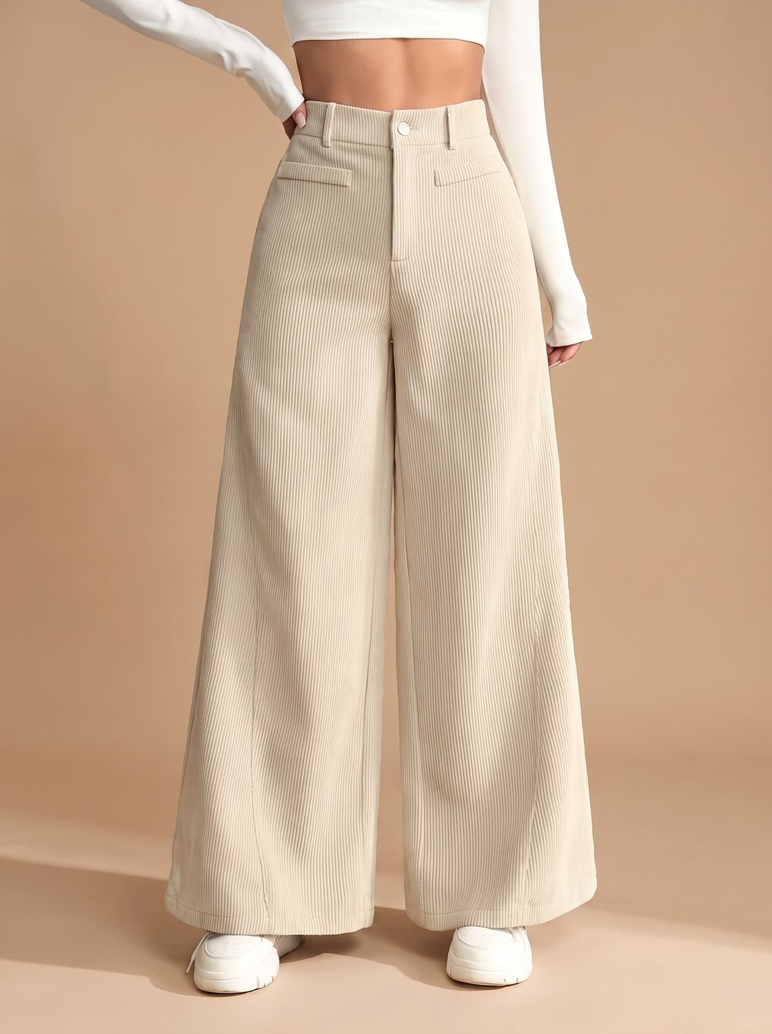 Women's High-Waist Corduroy Wide-Leg Tailored Pants - Apricot
