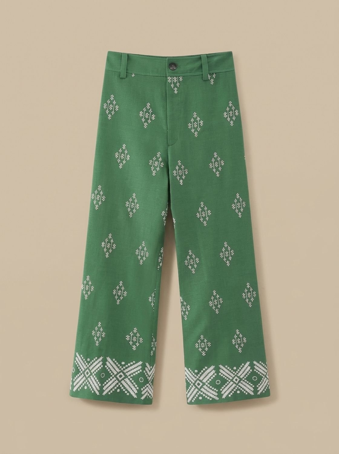Women's High-Waist Embroidered Wide Leg Trouser Pants - Green