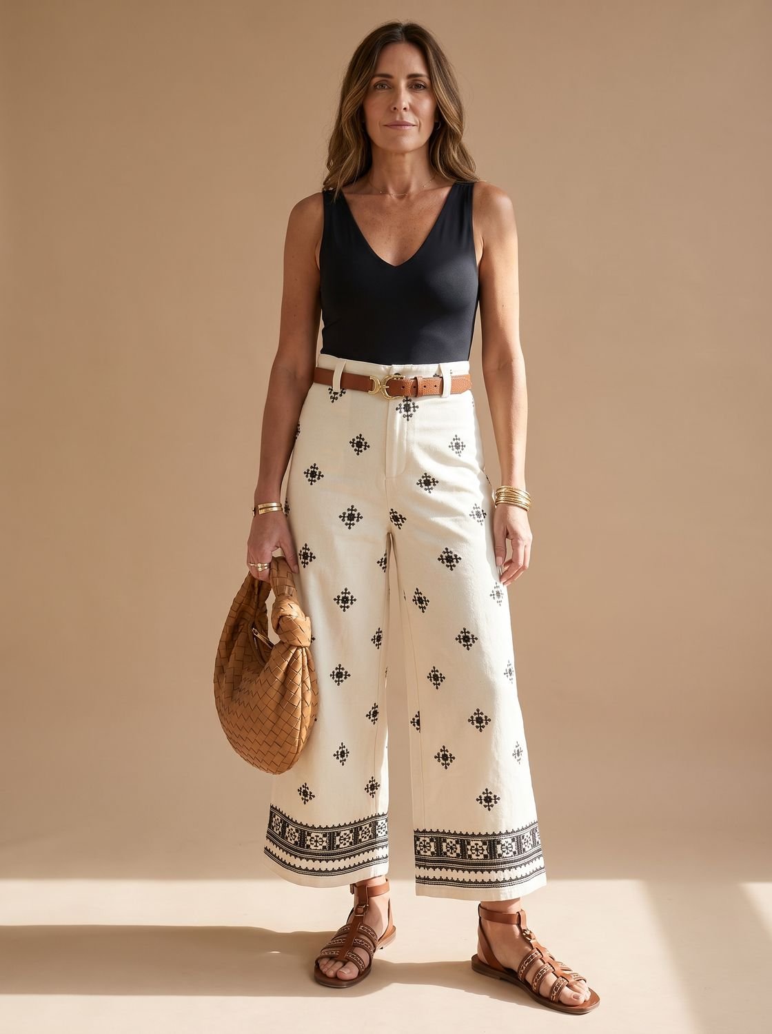 Women's High-Waist Embroidered Wide Leg Trouser Pants