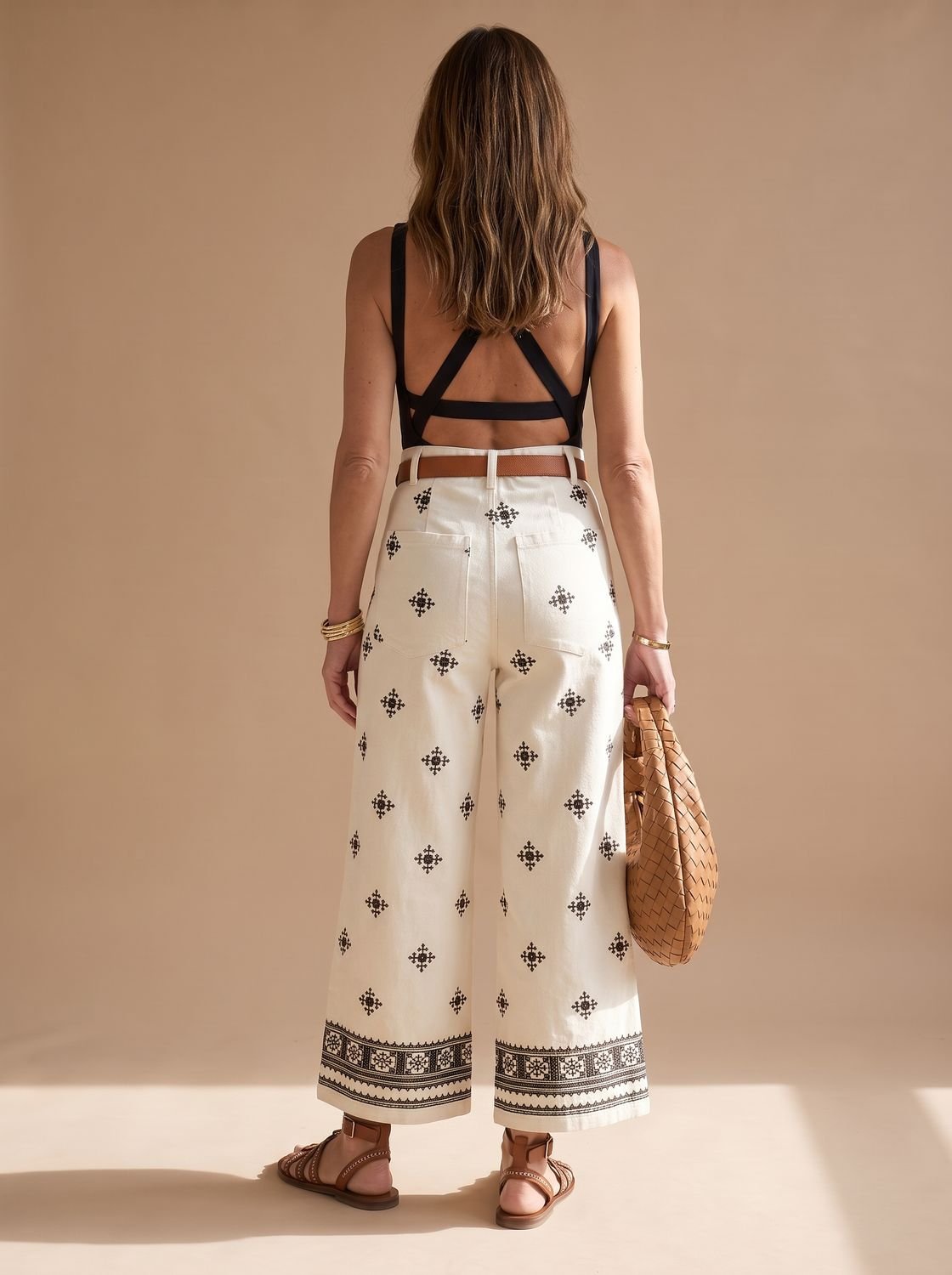 Women's High-Waist Embroidered Wide Leg Trouser Pants