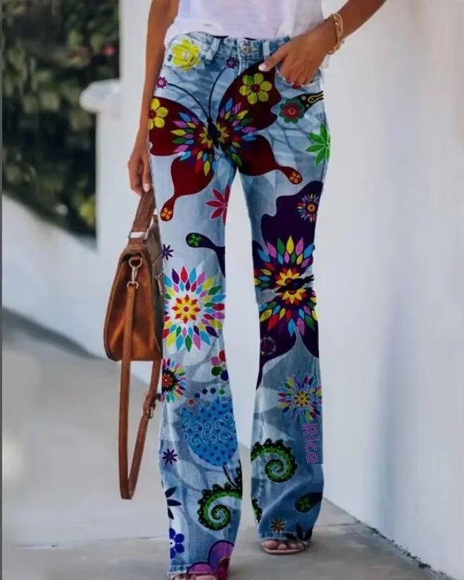 Women's High-Waist Floral-Embellished Linen-Look Flare Jeans - Blue 8