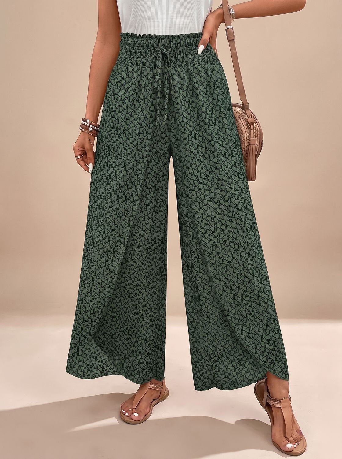 Women's High-Waist Patterned Wide-Leg Palazzo Pants - Green