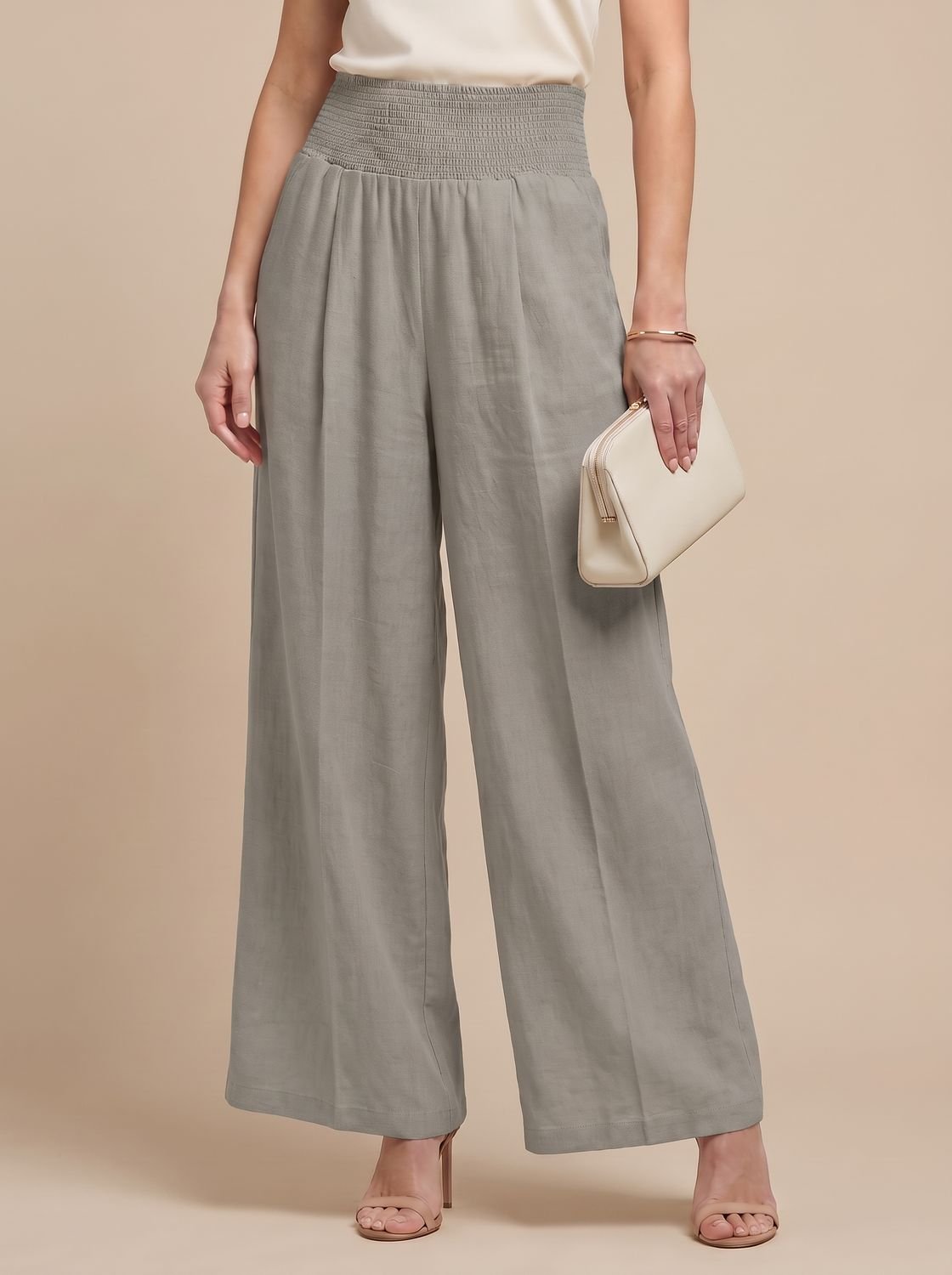 Women's High-Waist Pleated Wide-Leg Linen Trousers - Grey