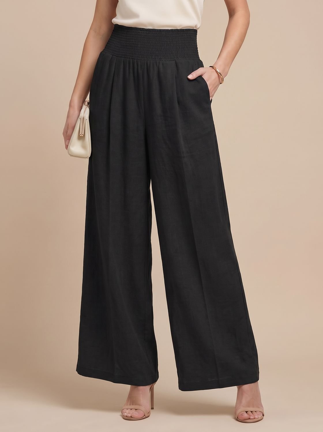 Women's High-Waist Pleated Wide-Leg Linen Trousers - Black
