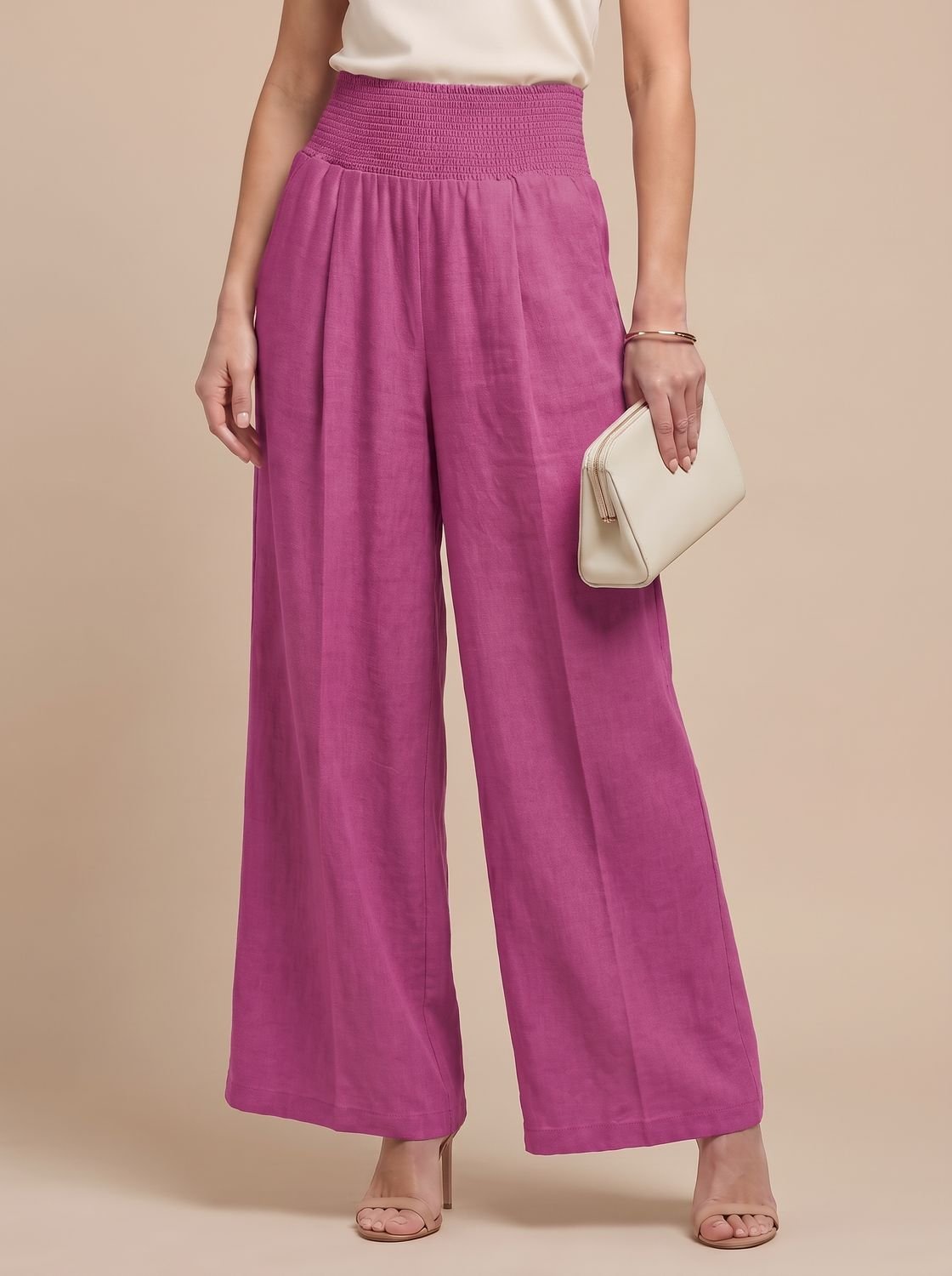 Women's High-Waist Pleated Wide-Leg Linen Trousers - Pink