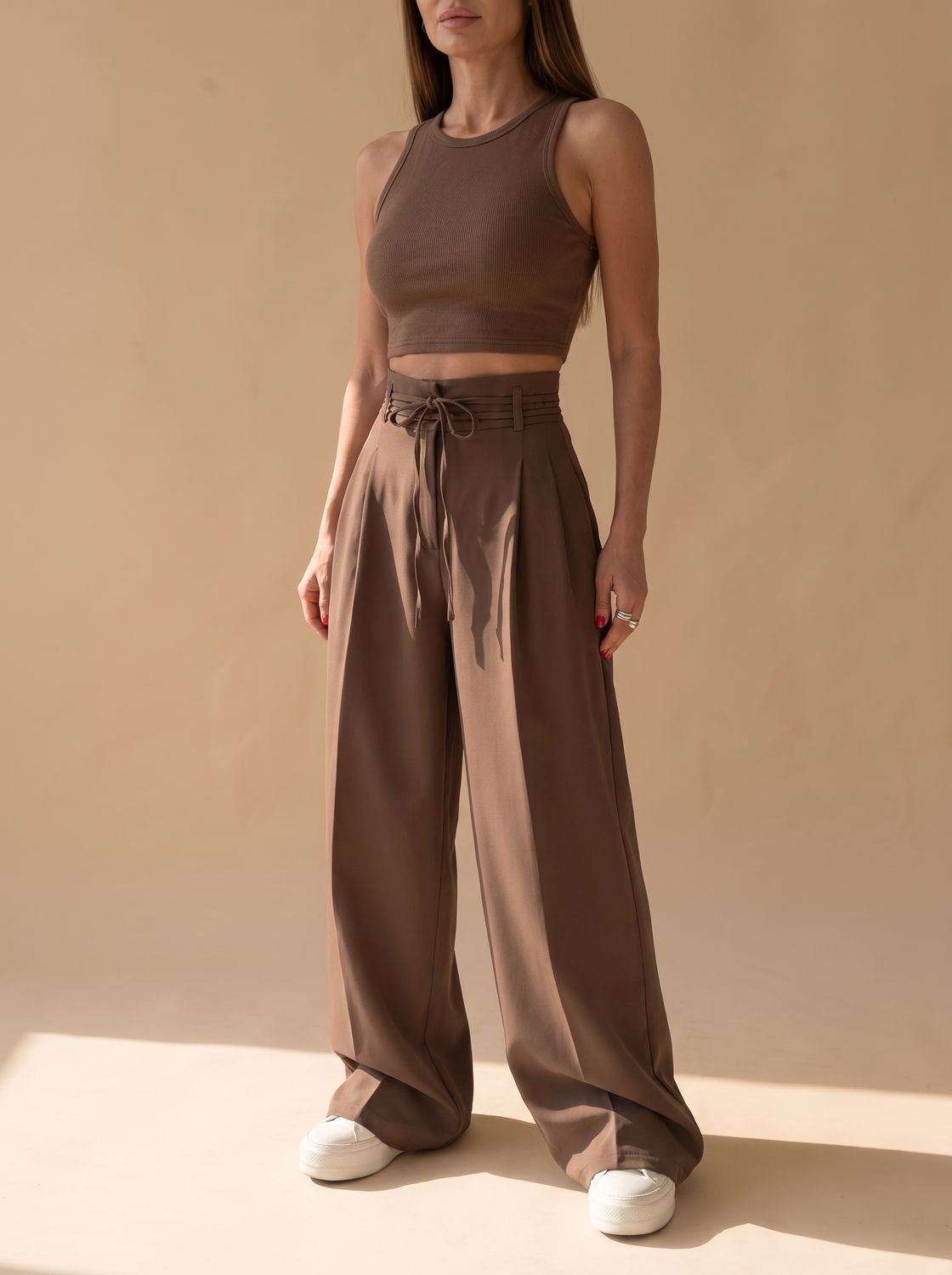 Women's High-Waist Wide-Leg Drawstring Palazzo Trousers - Coffee Brown