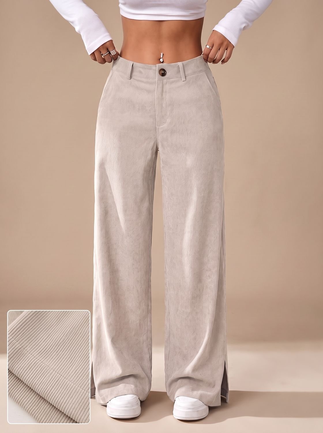 Women's High-Waist Wide-Leg Linen Trousers Split-Hem Everyday Pants