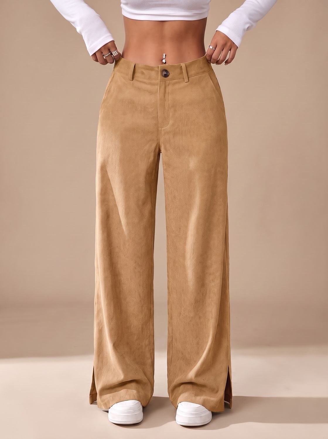 Women's High-Waist Wide-Leg Linen Trousers Split-Hem Everyday Pants - Turmeric
