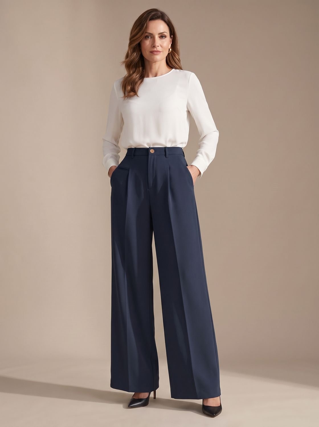 Women's High-Waist Wide-Leg Pleated Palazzo Trousers - Navy Blue