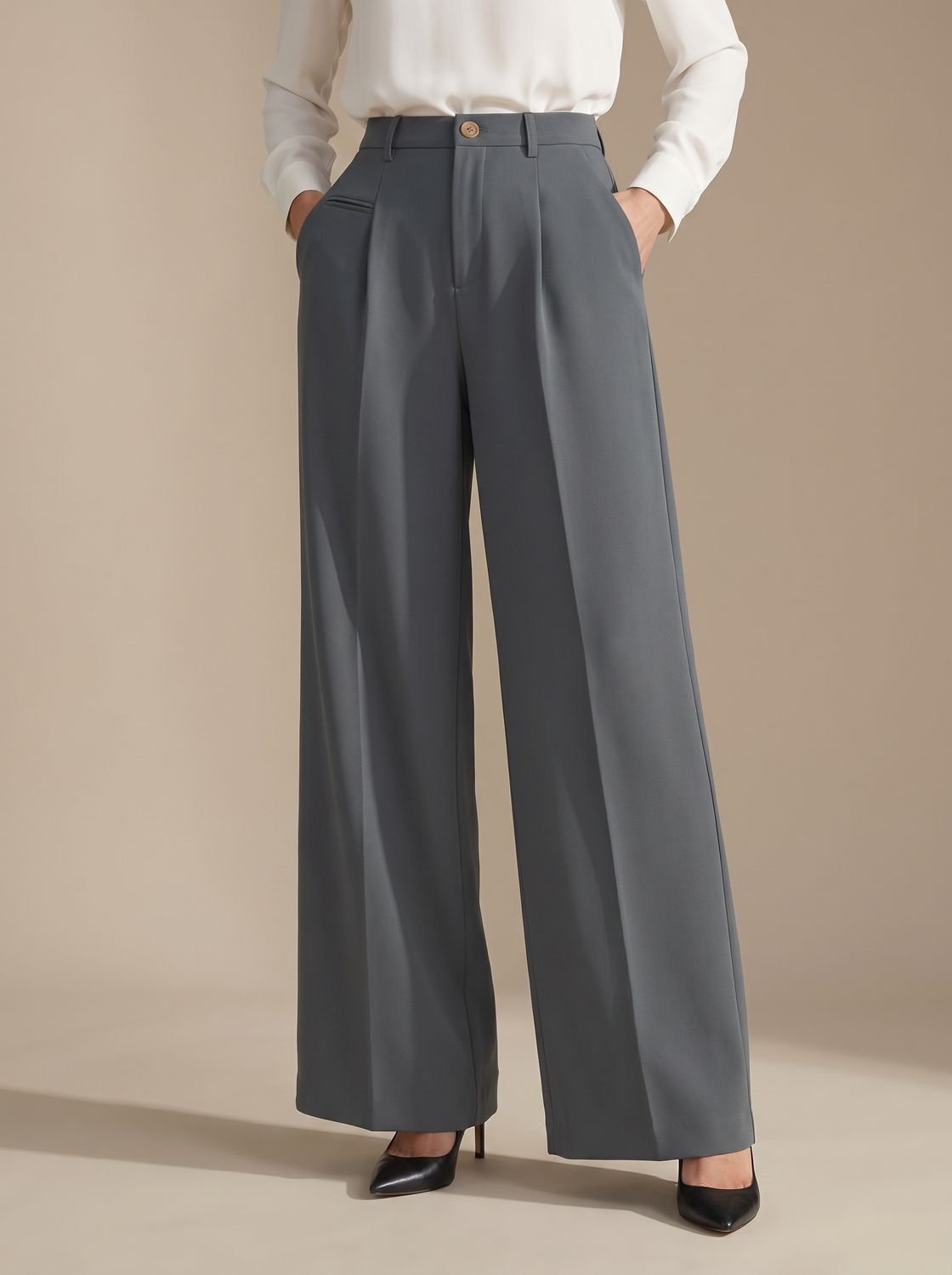 Women's High-Waist Wide-Leg Pleated Palazzo Trousers - Dark Grey