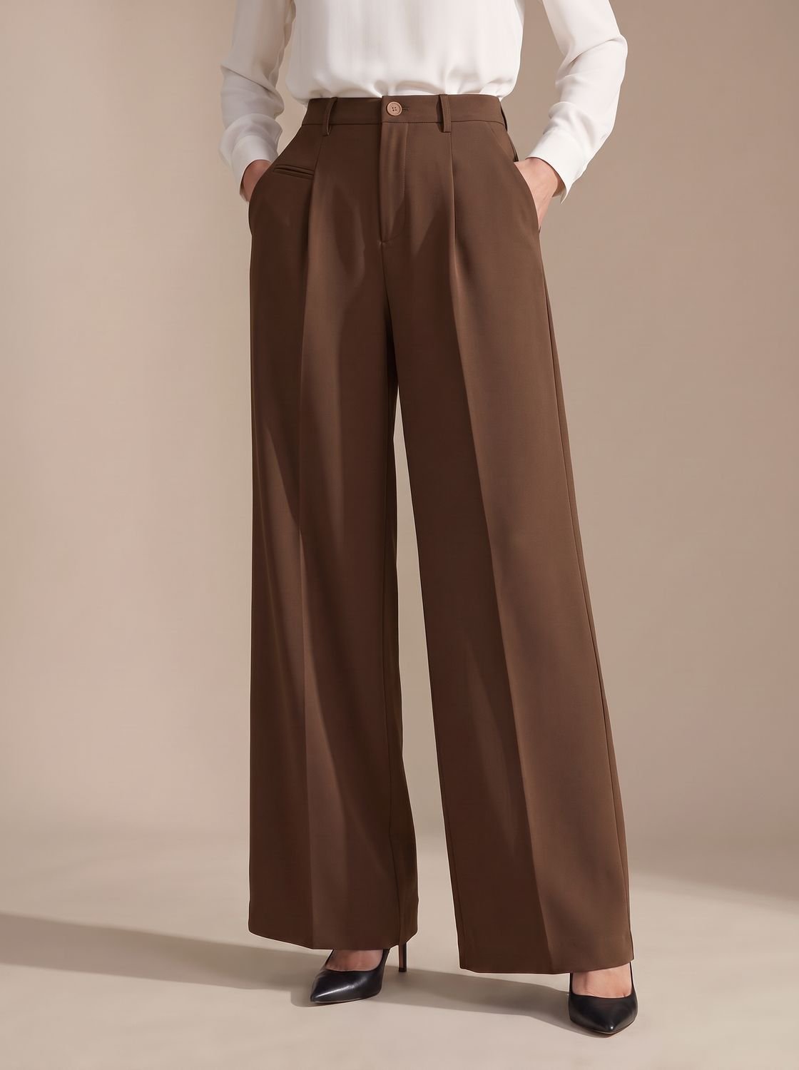Women's High-Waist Wide-Leg Pleated Palazzo Trousers - Brown