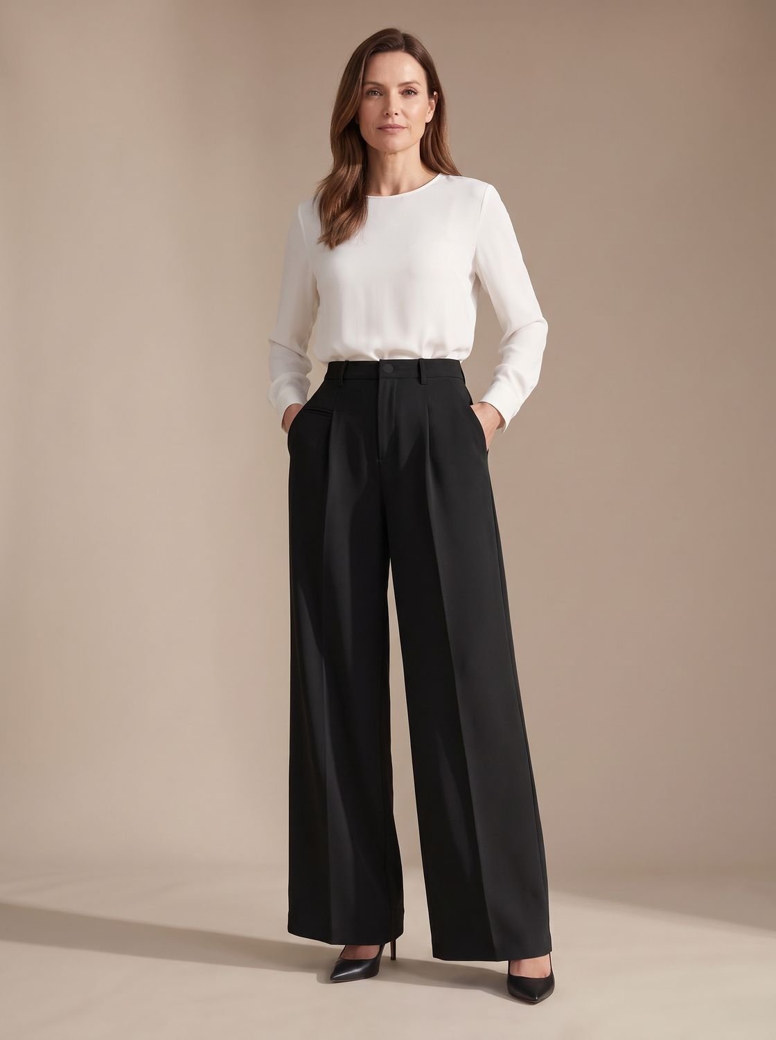 Women's High-Waist Wide-Leg Pleated Palazzo Trousers - Black